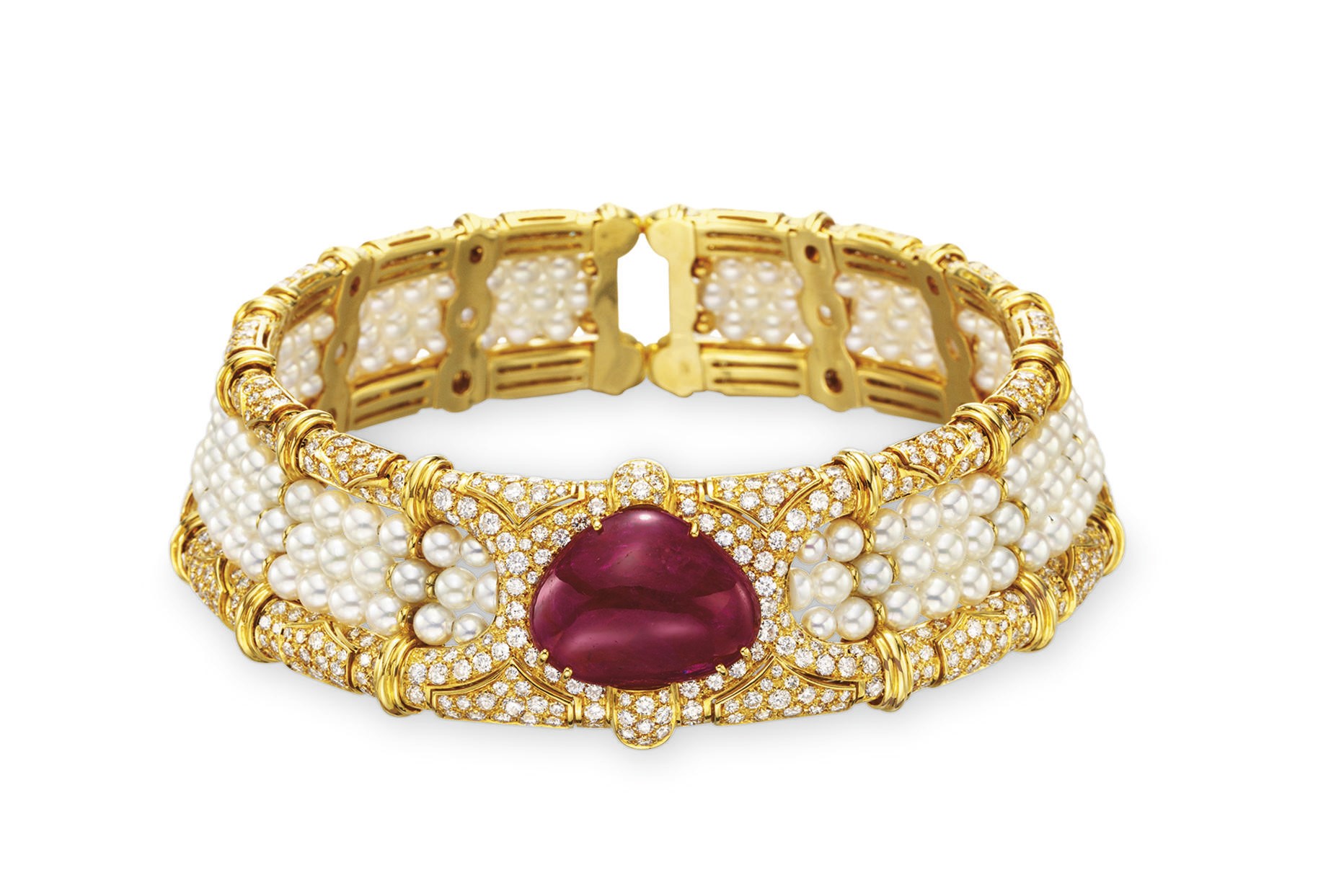 A RUBY, DIAMOND AND CULTURED PEARL CHOKER NECKLACE