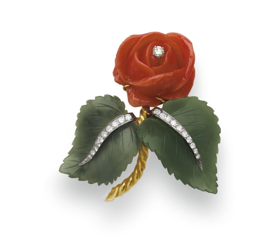 **A CORAL, NEPHRITE AND DIAMOND FLOWER BROOCH, BY DAVID WEBB