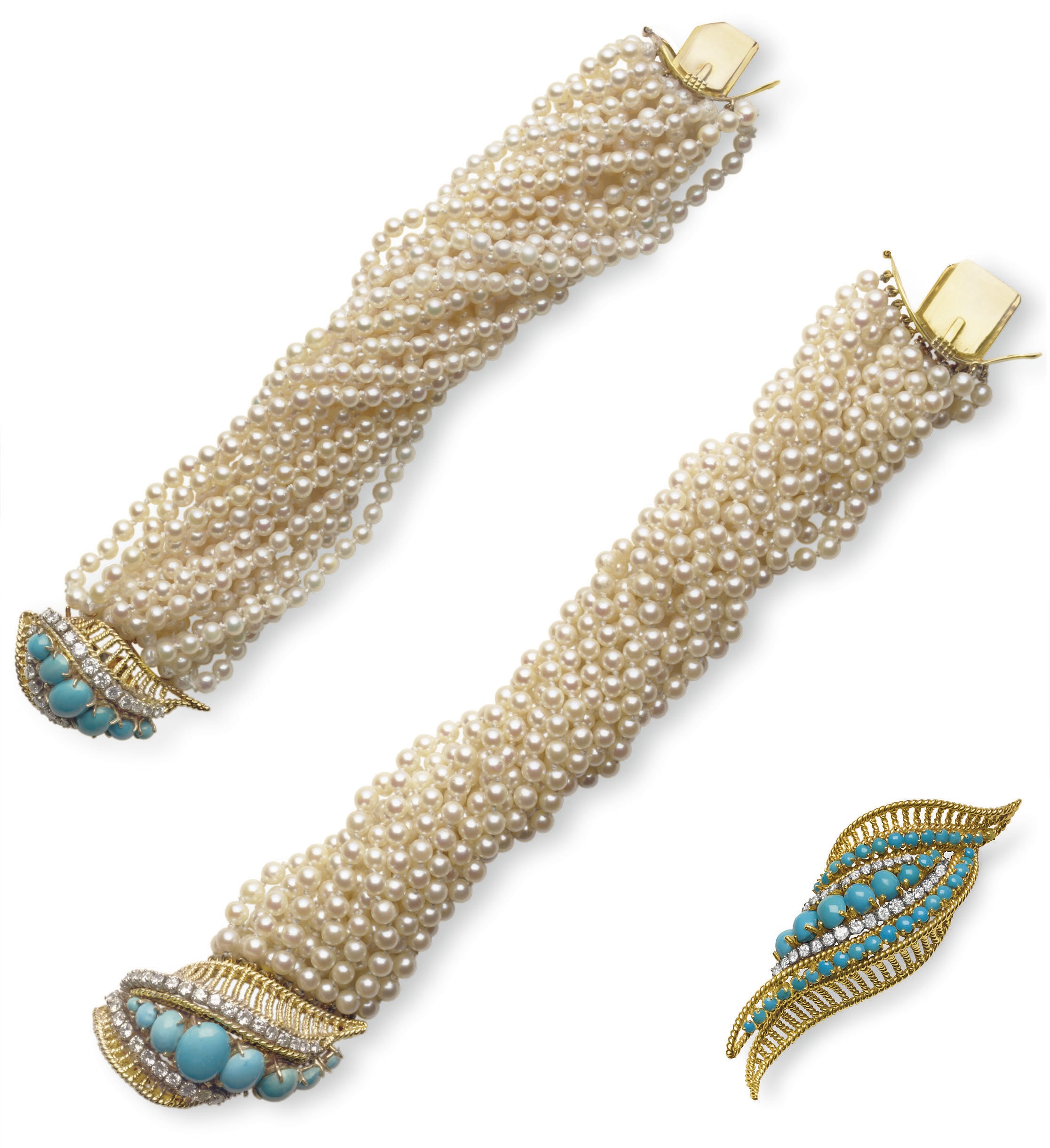 A SET OF TURQUOISE, DIAMOND AND CULTURED PEARL JEWELRY