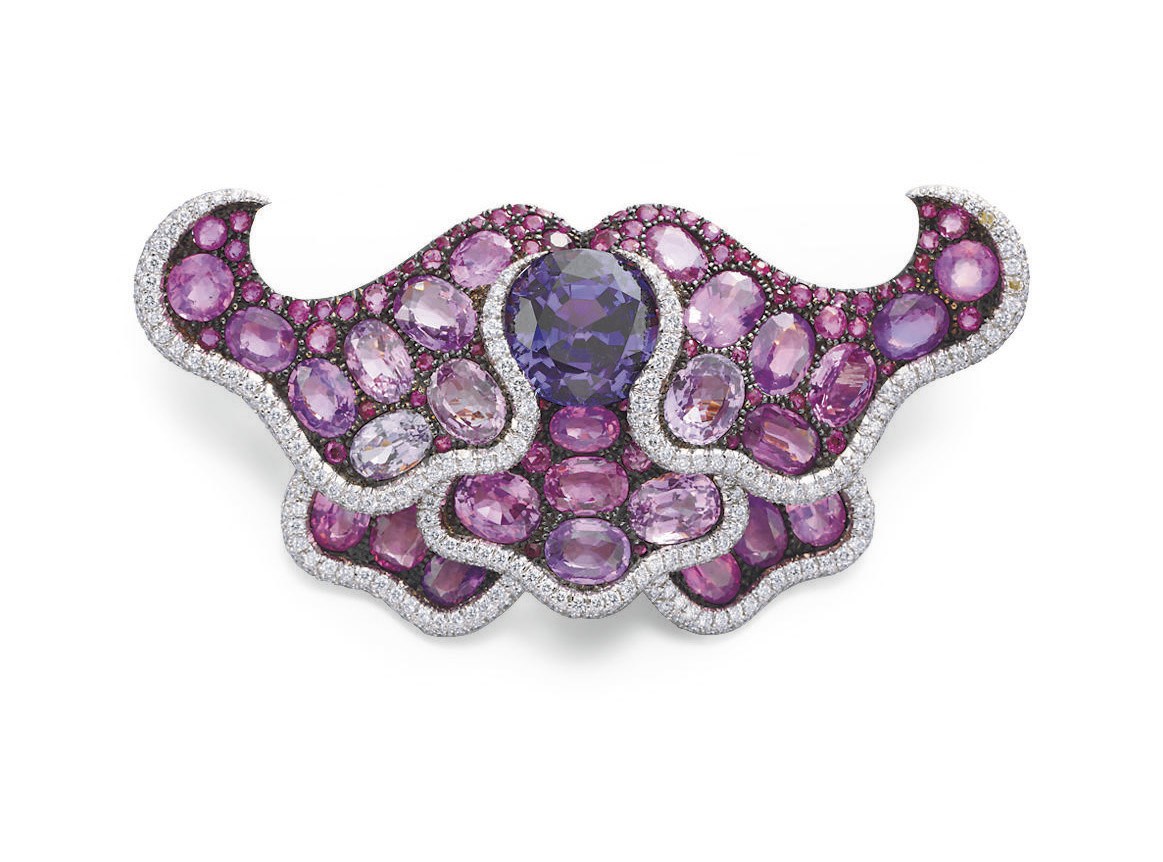 A MULTI-COLORED SAPPHIRE, RUBY AND DIAMOND POPPY FLOWER BROOCH, BY JAR