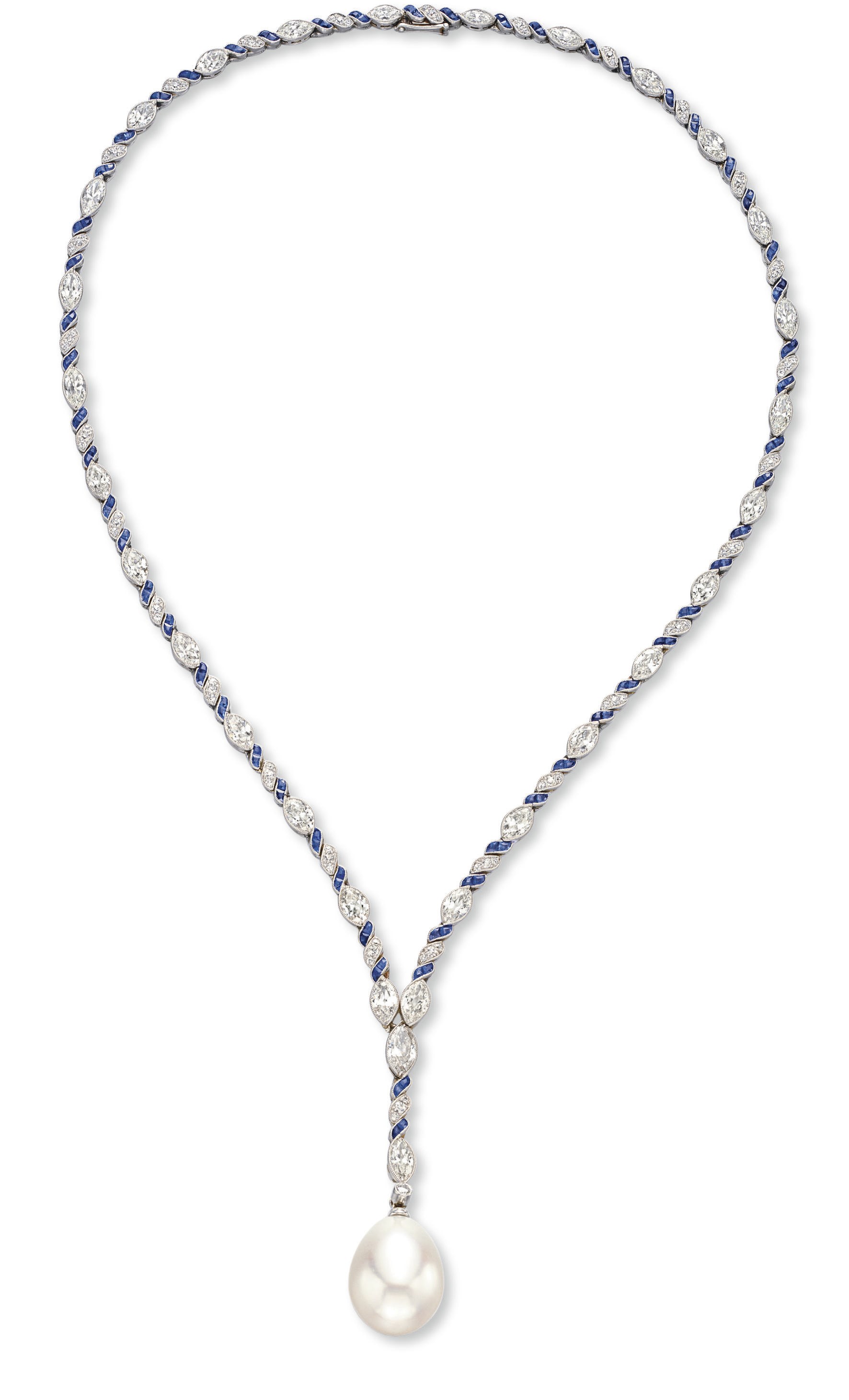 A CULTURED PEARL, DIAMOND AND SAPPHIRE PENDANT NECKLACE