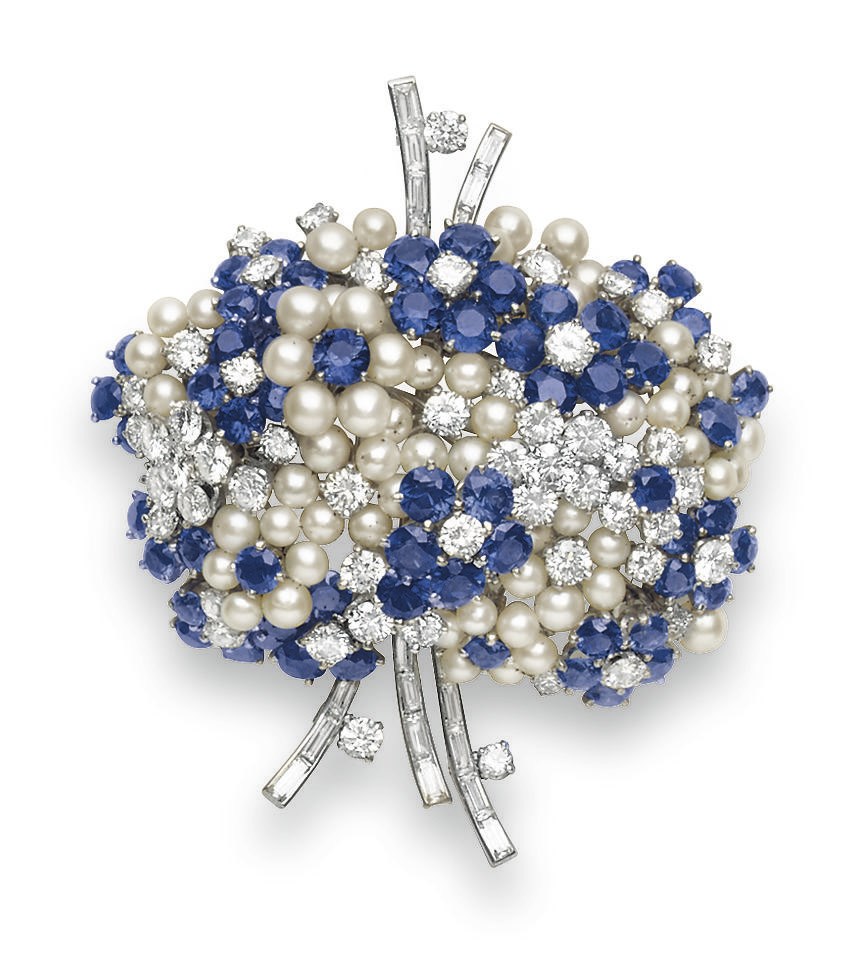 A DIAMOND, SAPPHIRE AND CULTURED PEARL BROOCH