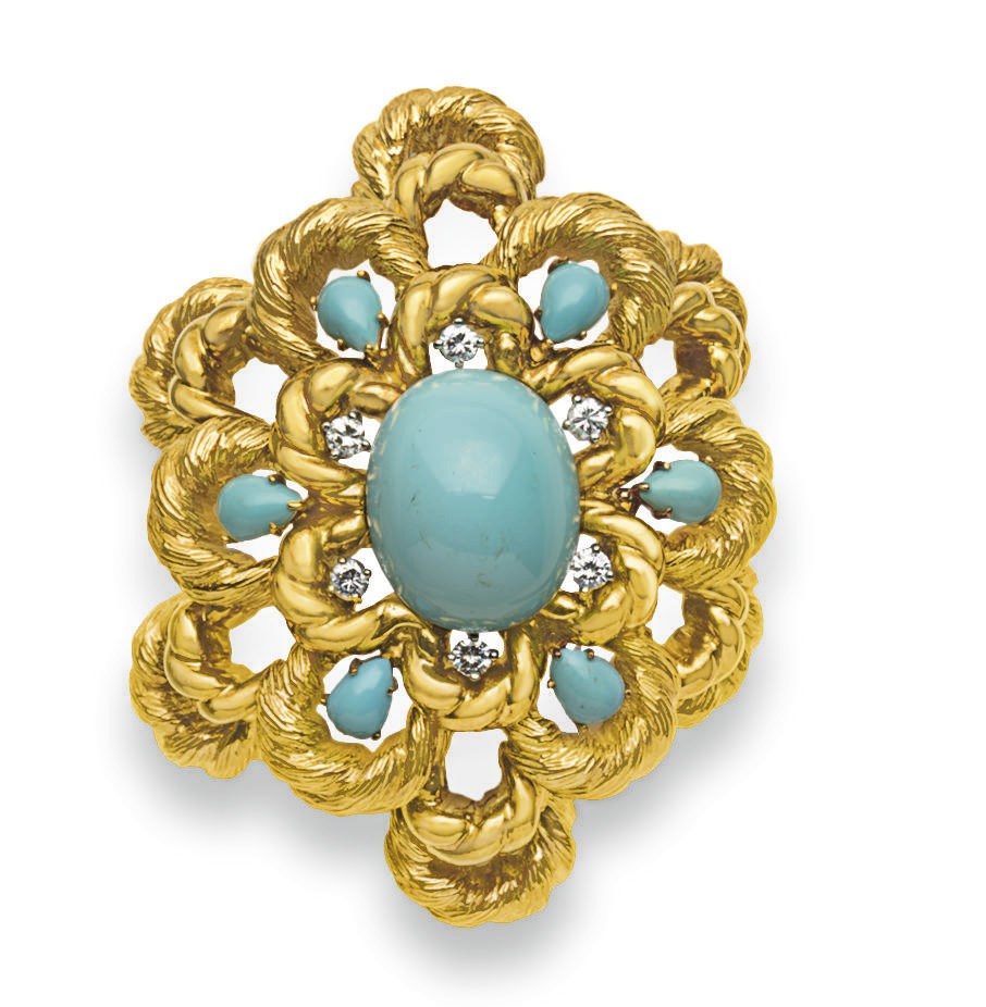 A TURQUOISE, DIAMOND AND GOLD PENDANT BROOCH, BY VAN CLEEF & ARPELS