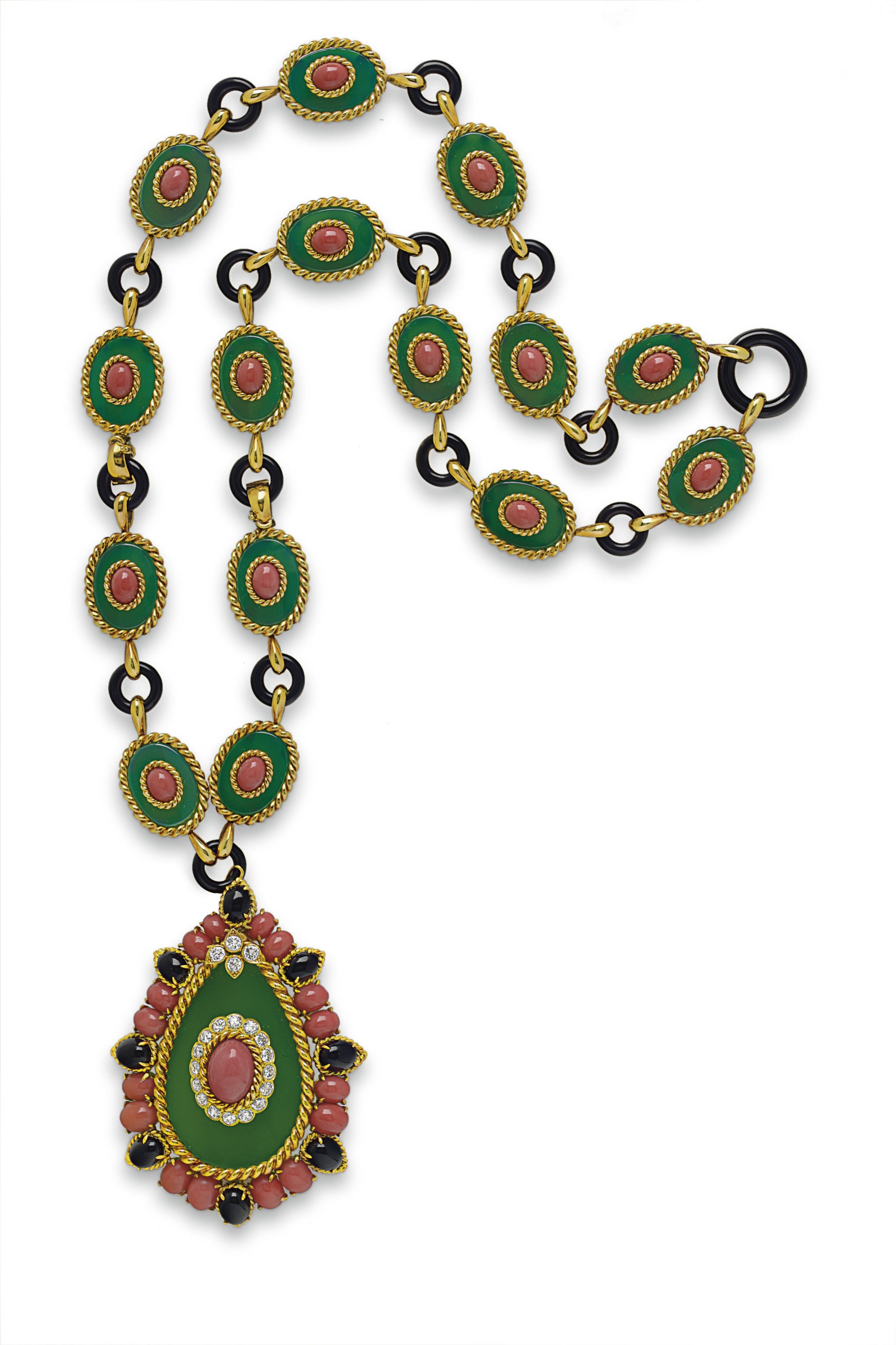 **A CHALCEDONY, ONYX AND CORAL PENDANT NECKLACE, BY VAN CLEEF & ARPELS