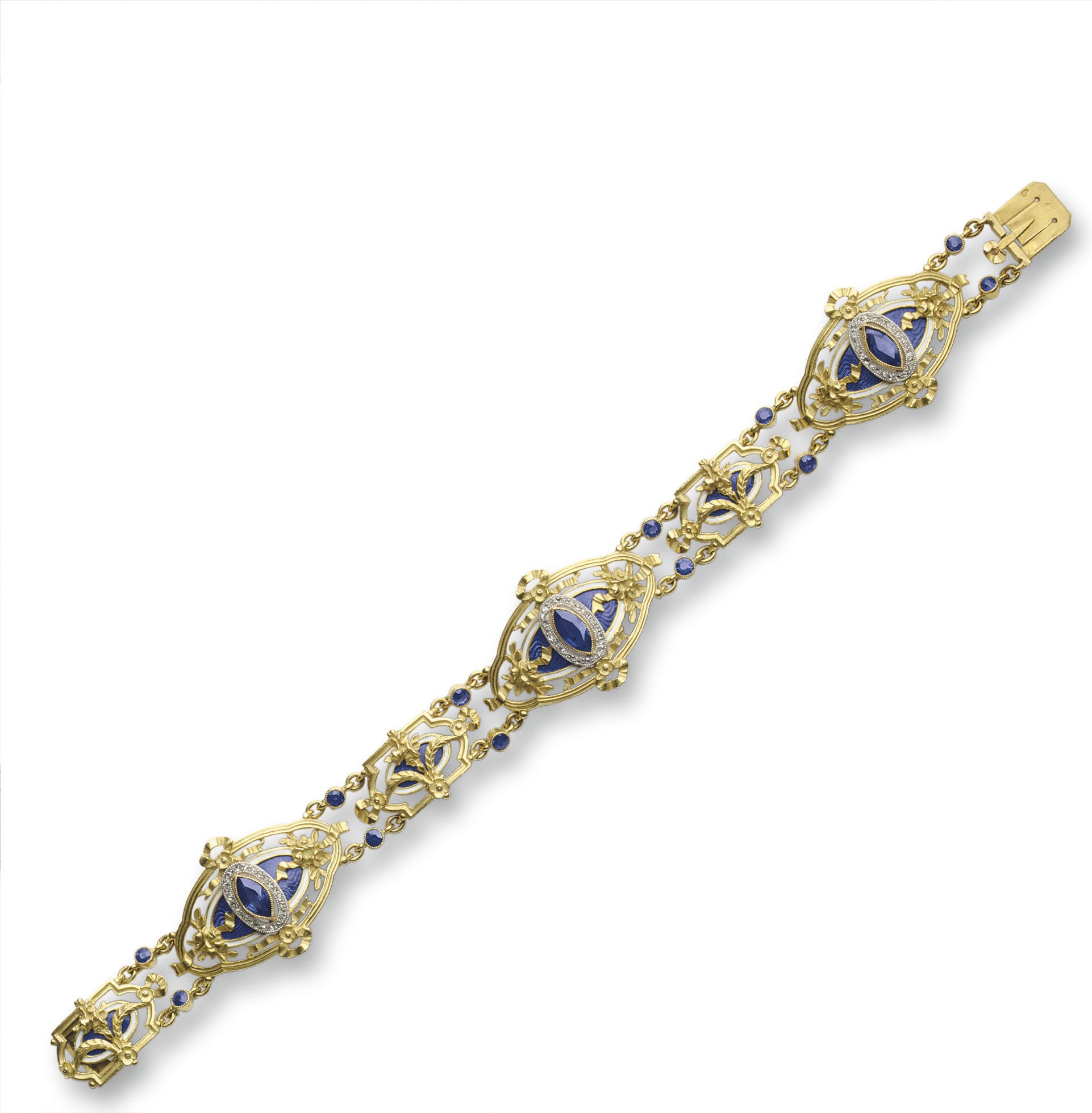 AN ART NOUVEAU SAPPHIRE, DIAMOND AND ENAMEL BRACELET, BY LUCIEN GAUTRAIT