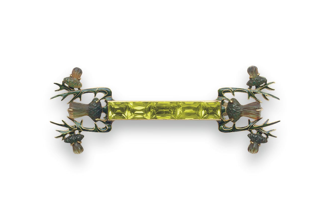 AN ART NOUVEAU PERIDOT AND GLASS BROOCH, BY RENE LALIQUE