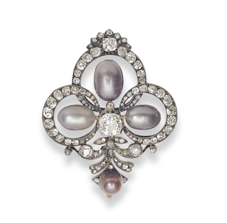 AN ANTIQUE PEARL AND DIAMOND BROOCH, BY MELLERIO