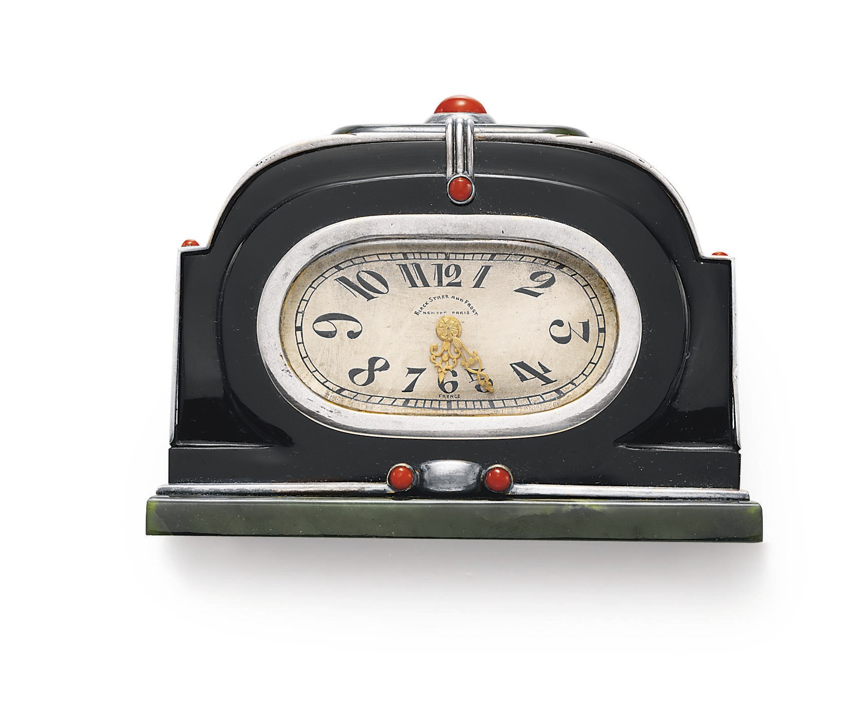 **AN ART DECO CHALCEDONY, CORAL AND NEPHRITE DESK CLOCK, BY BLACK, STARR & FROST