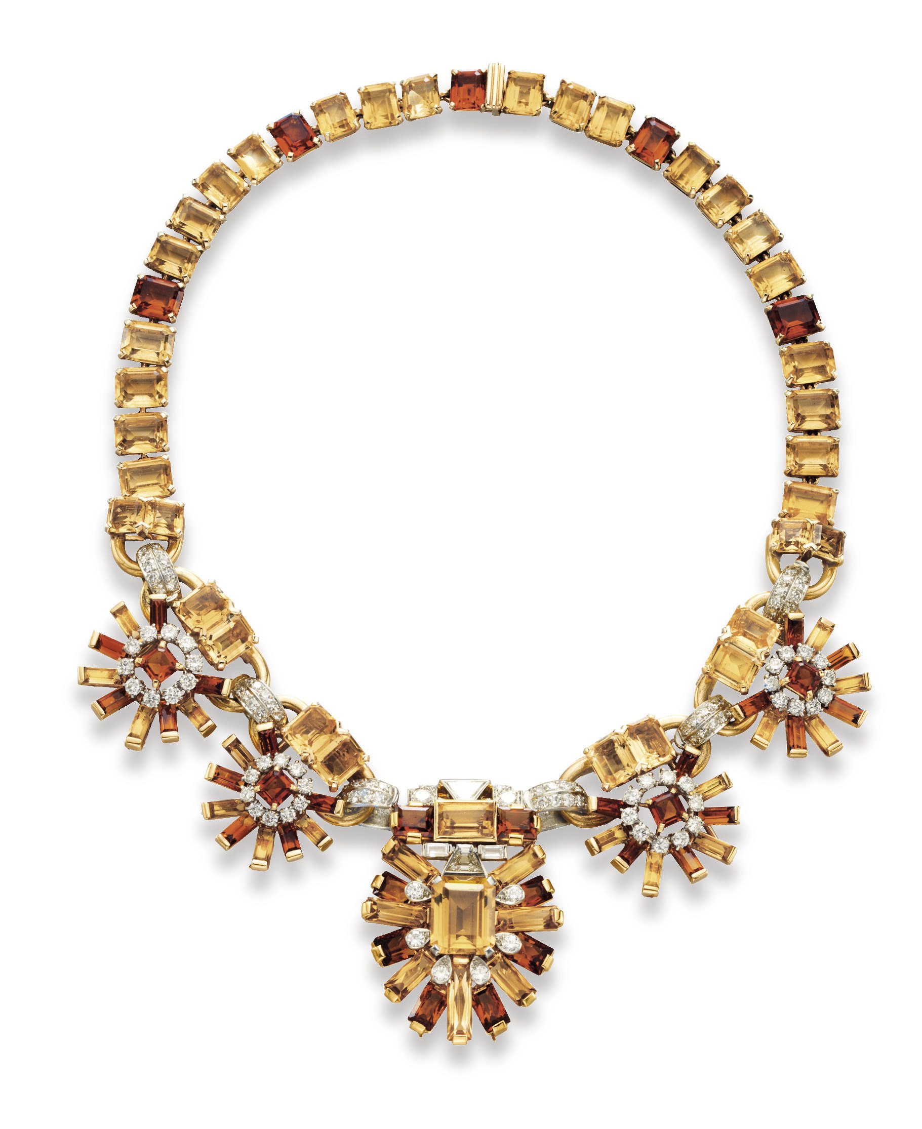 A RETRO CITRINE AND DIAMOND NECKLACE, BY CARTIER