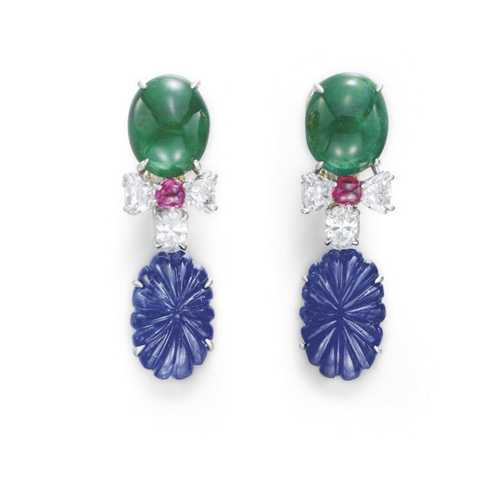 A PAIR OF SAPPHIRE, EMERALD, RUBY AND DIAMOND EAR PENDANTS, BY CARTIER
