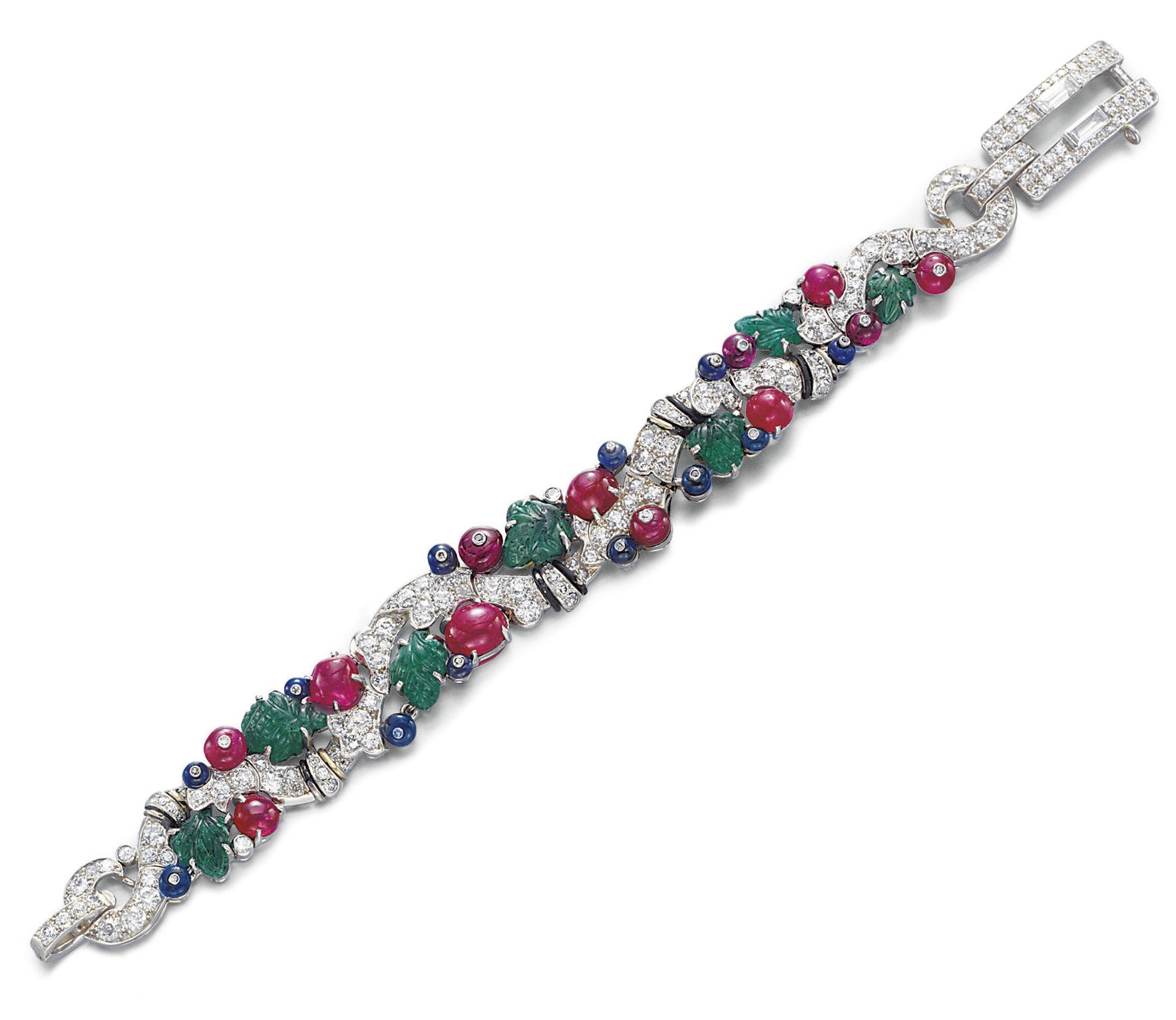 AN ART DECO MULTI-GEM AND DIAMOND "TUTTI FRUTTI" BRACELET, BY CARTIER