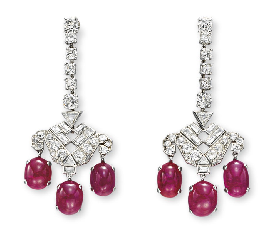 A PAIR OF ART DECO DIAMOND AND RUBY EAR PENDANTS, BY CARTIER