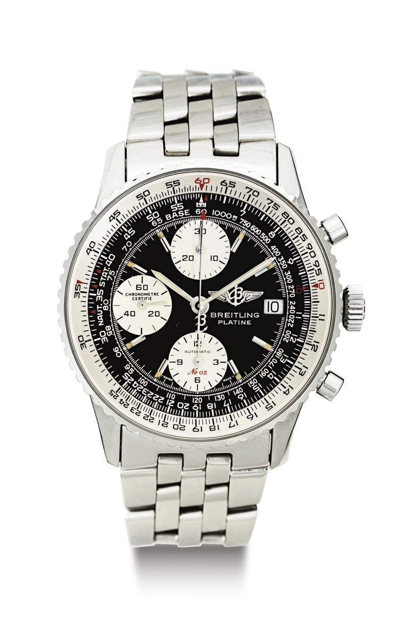 BREITLING. A RARE HEAVY LIMITED EDITION PLATINUM AUTOMATIC CHRONOGRAPH WRISTWATCH WITH DATE, SLIDE RULE AND BRACELET