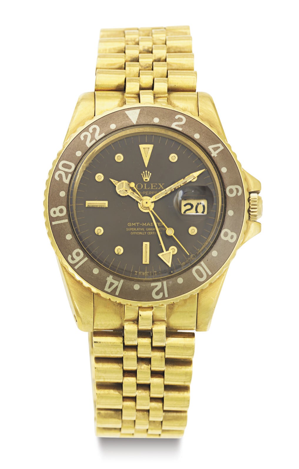 ROLEX. AN 18K GOLD AUTOMATIC DUAL TIME ZONE WRISTWATCH WITH DATE, 24 HOUR INDICATION, CENTER SECONDS AND BRACELET