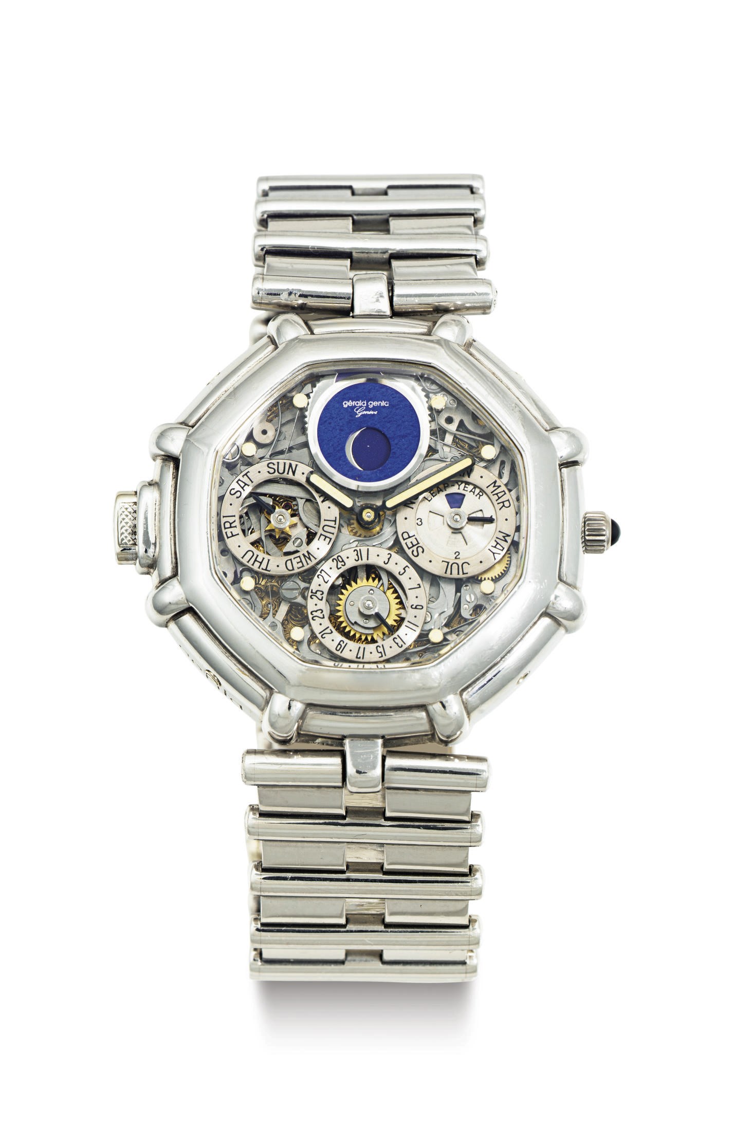 GERALD GENTA.  A FINE PLATINUM MINUTE REPEATING PERPETUAL CALENDAR WRISTWATCH WITH MOON PHASES AND BRACELET