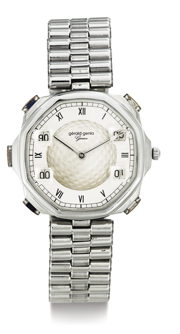 GERALD GENTA. A STAINLESS STEEL WRISTWATCH WITH GOLF STROKE COUNTERS AND BRACELET