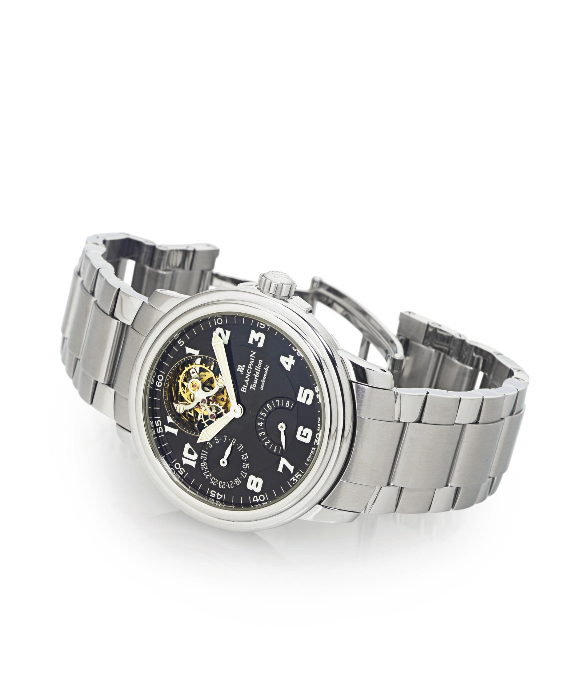BLANCPAIN.  A FINE STAINLESS STEEL AUTOMATIC 8-DAY TOURBILLON WRISTWATCH WITH DATE, POWER RESERVE AND BRACELET