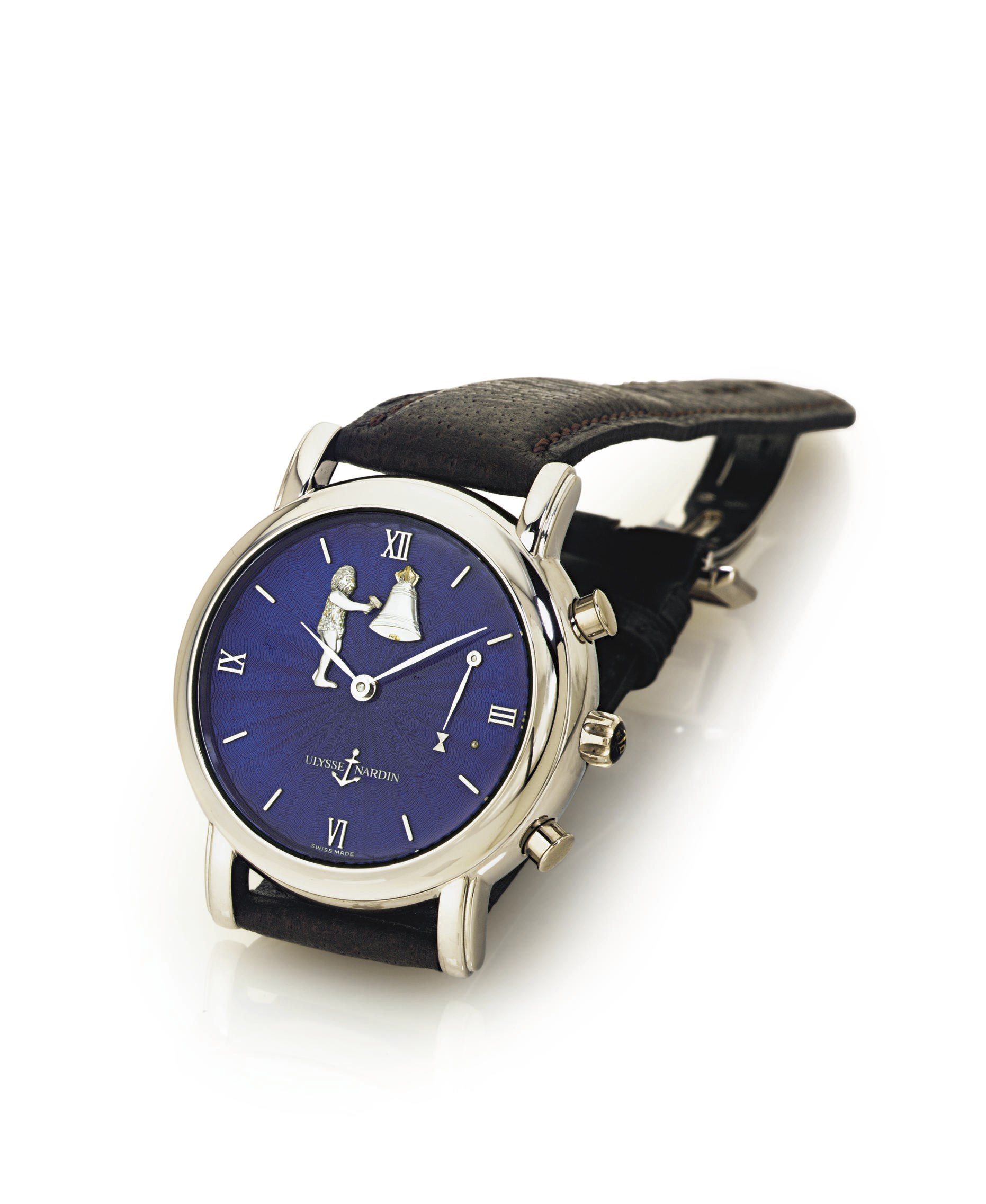 ULYSSE NARDIN. A FINE AND RARE PLATINUM AUTOMATIC HOUR STRIKING CLOCK WATCH WITH AUTOMATON JACQUEMARTS AND ENAMEL DIAL