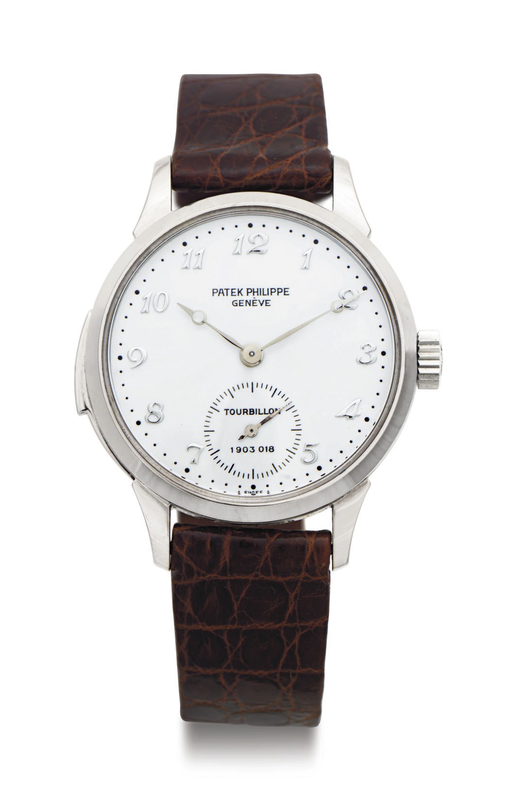PATEK PHILIPPE. A VERY FINE AND RARE 18K WHITE GOLD MINUTE REPEATING TOURBILLON WRISTWATCH WITH ENAMEL DIAL