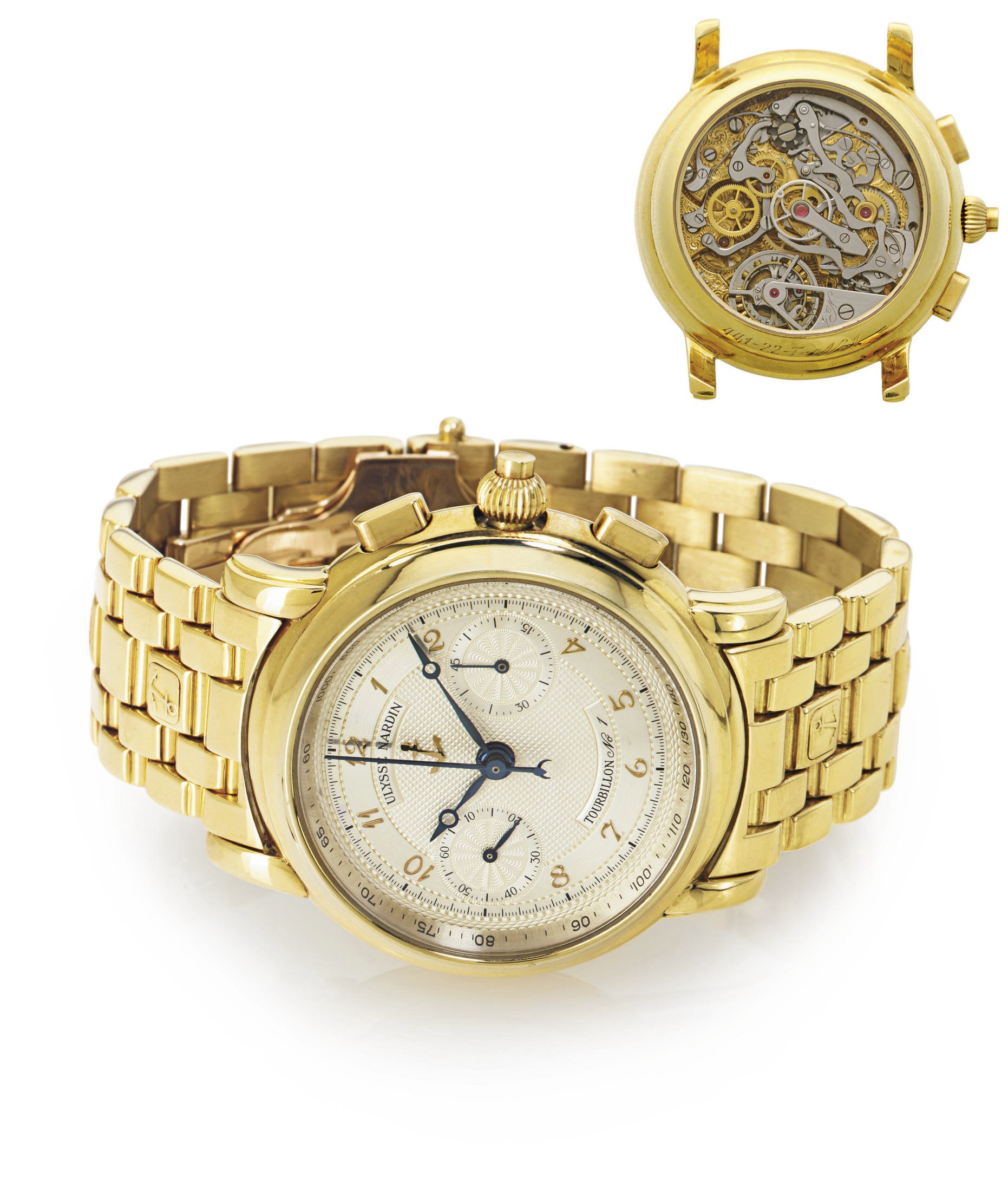 ULYSSE NARDIN. A FINE 18K GOLD SPLIT-SECONDS CHRONOGRAPH TOURBILLON WRISTWATCH WITH BRACELET