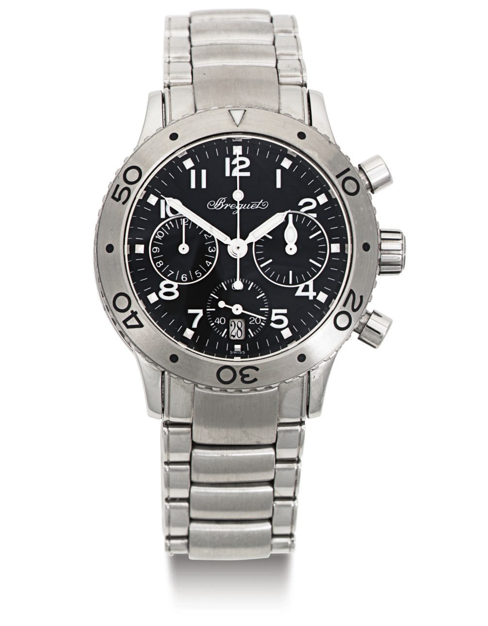BREGUET. A STAINLESS STEEL AUTOMATIC CHRONOGRAPH WRISTWATCH WITH DATE AND BRACELET