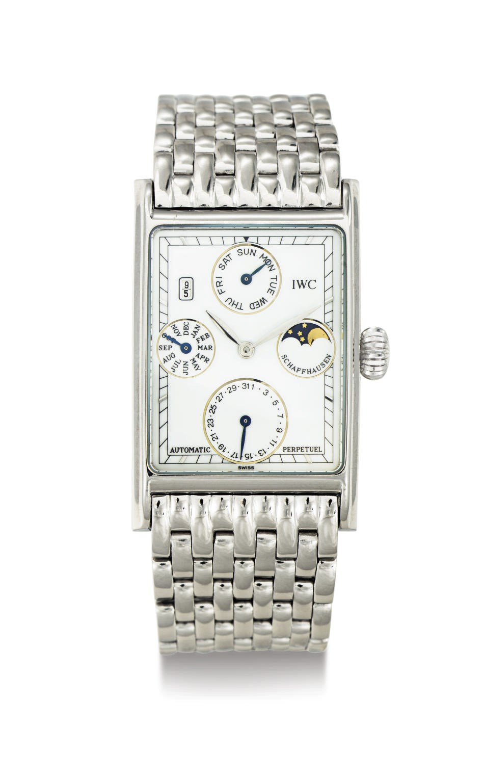 IWC. A PLATINUM AUTOMATIC PERPETUAL CALENDAR WRISTWATCH WITH MOON PHASES AND BRACELET
