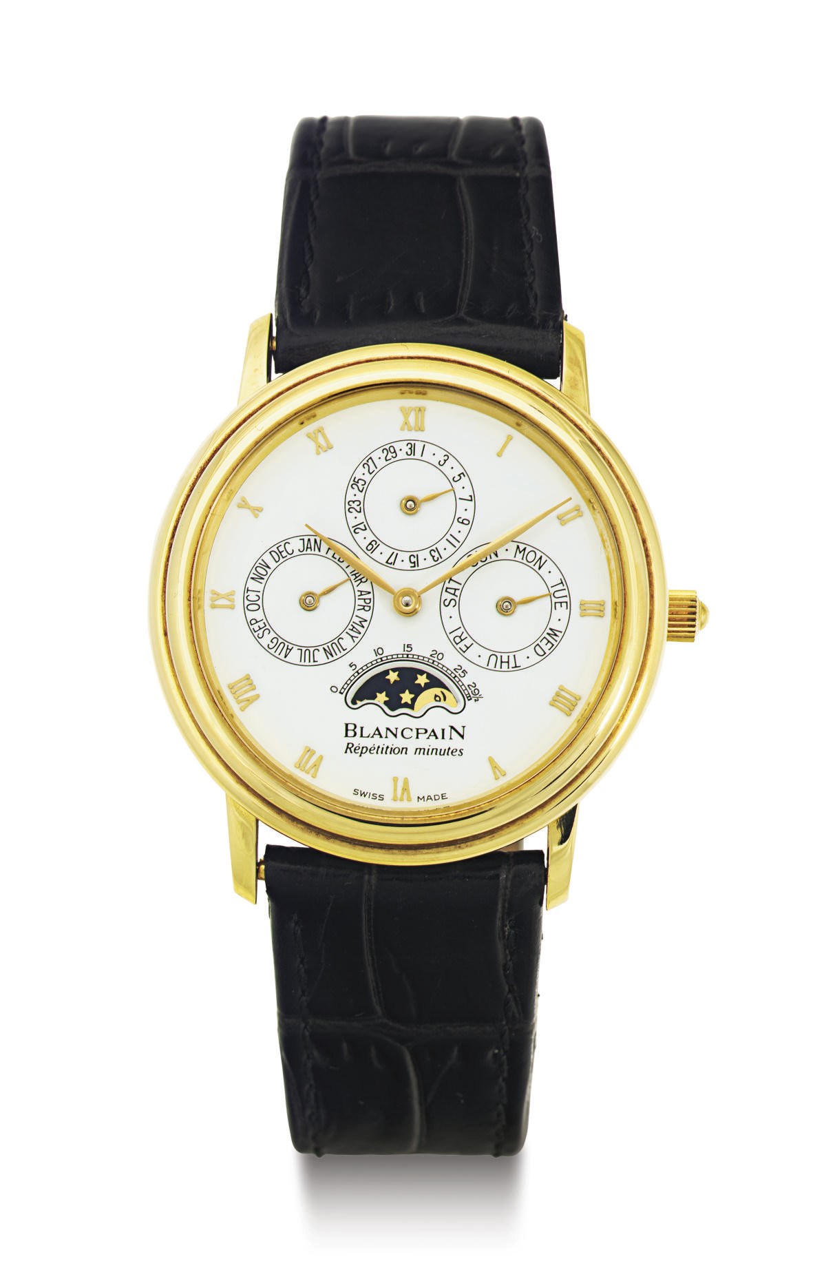 BLANCPAIN.  A FINE 18K GOLD AUTOMATIC PERPETUAL CALENDAR MINUTE REPEATING WRISTWATCH WITH MOON PHASES