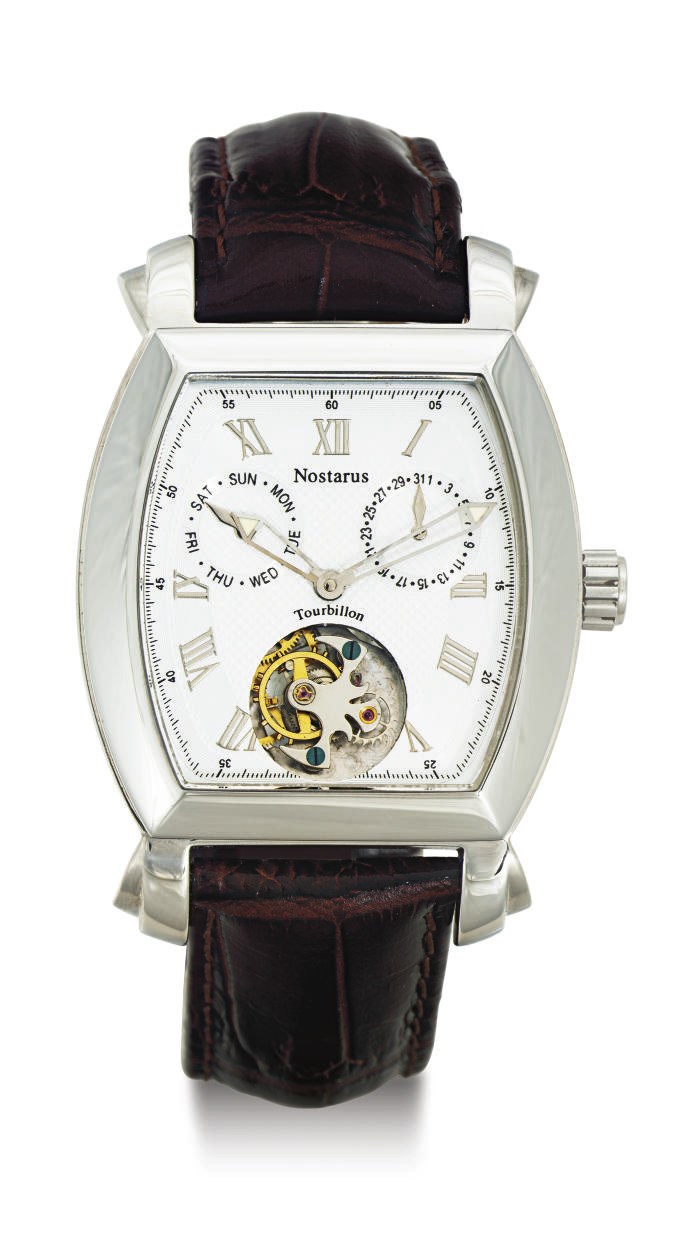 NOSTARUS. A STAINLESS STEEL TOURBILLON WRISTWATCH WITH DAY AND DATE