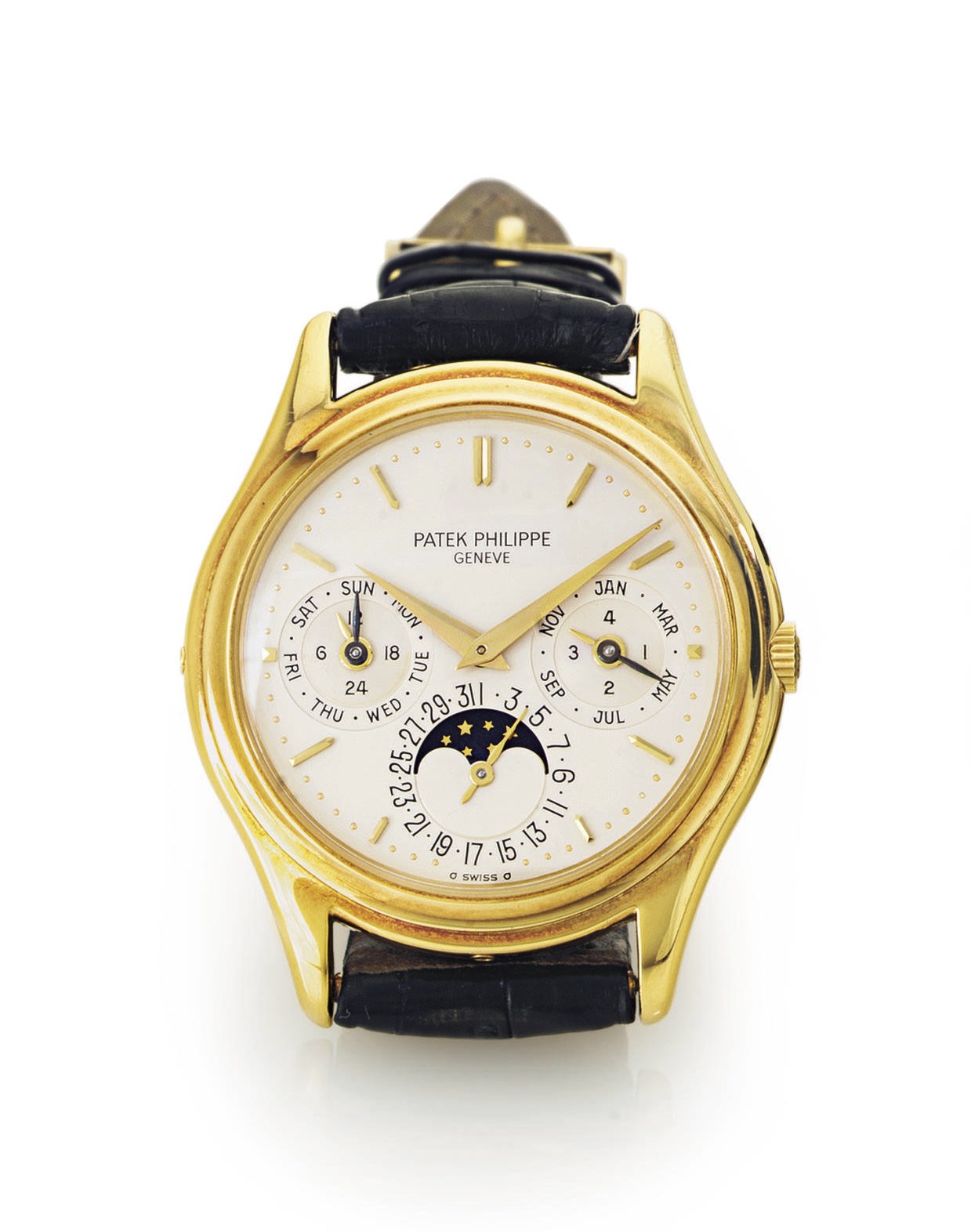 PATEK PHILIPPE. A FINE AND RARE 18K GOLD AUTOMATIC PERPETUAL CALENDAR WRISTWATCH WITH MOON PHASES