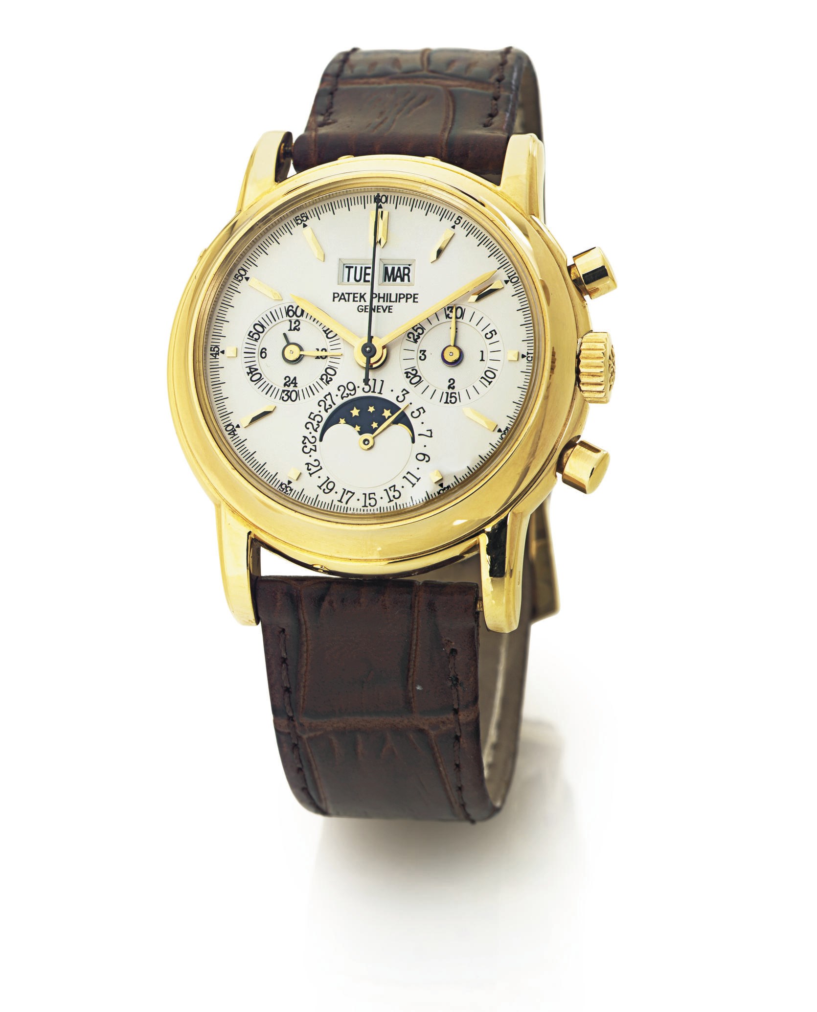PATEK PHILIPPE. A FINE 18K GOLD PERPETUAL CALENDAR CHRONOGRAPH WRISTWATCH WITH MOON PHASES