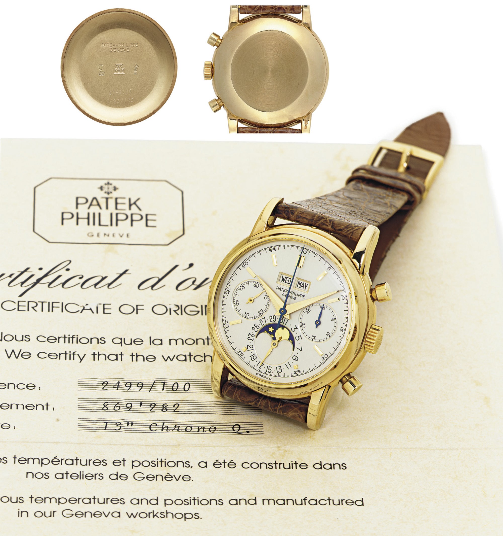 PATEK PHILIPPE.  A FINE AND RARE 18K GOLD PERPETUAL CALENDAR CHRONOGRAPH WRISTWATCH WITH MOON PHASES AND ORIGINAL CERTIFICATE