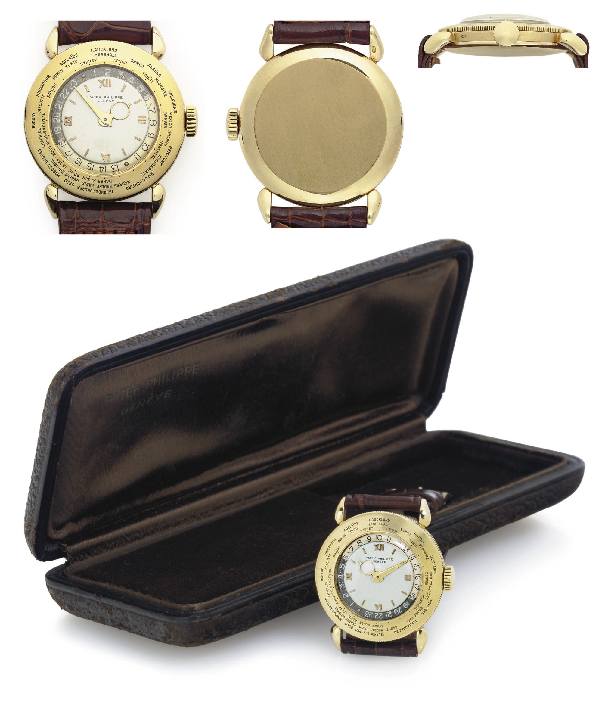 PATEK PHILIPPE. A RARE 18K GOLD WORLD TIME WRISTWATCH