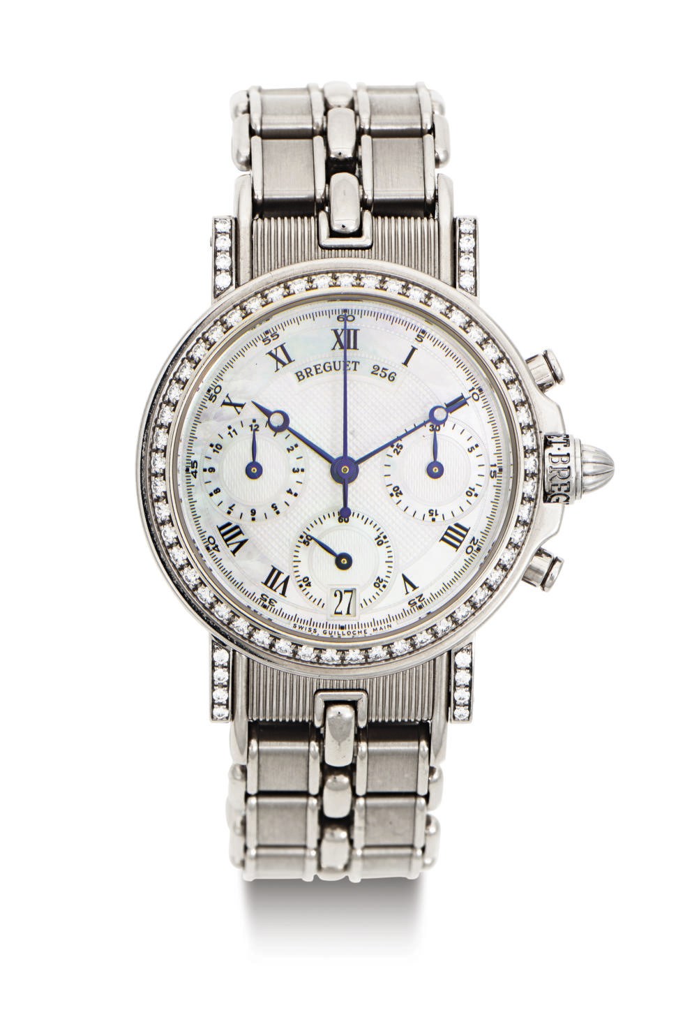 BREGUET. AN 18K WHITE GOLD, DIAMOND AND MOTHER-OF-PEARL AUTOMATIC CHRONOGRAPH WRISTWATCH WITH DATE AND BRACELET