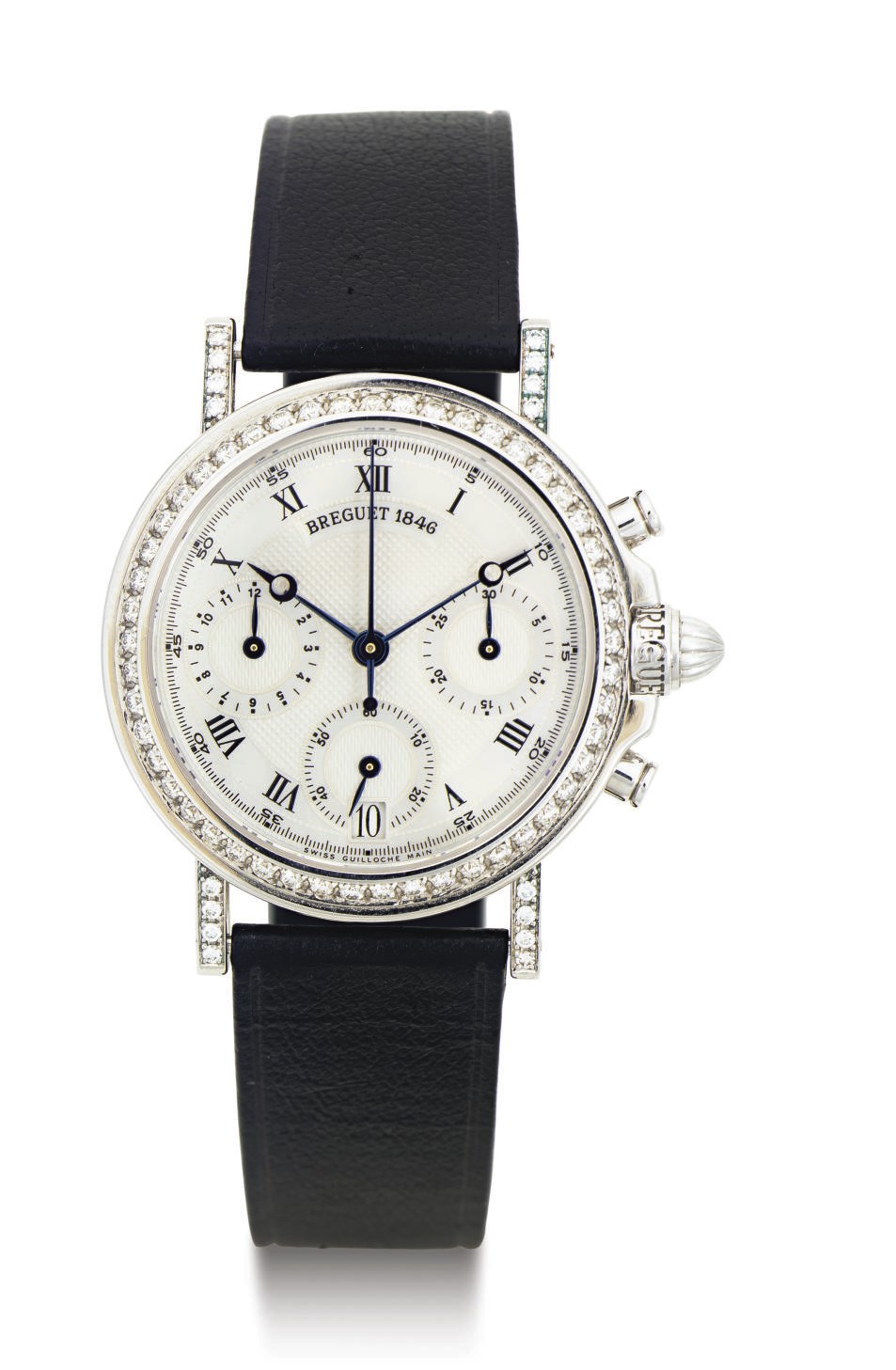 BREGUET. AN 18K WHITE GOLD, DIAMOND AND MOTHER-OF-PEARL AUTOMATIC CHRONOGRAPH WRISTWATCH WITH DATE