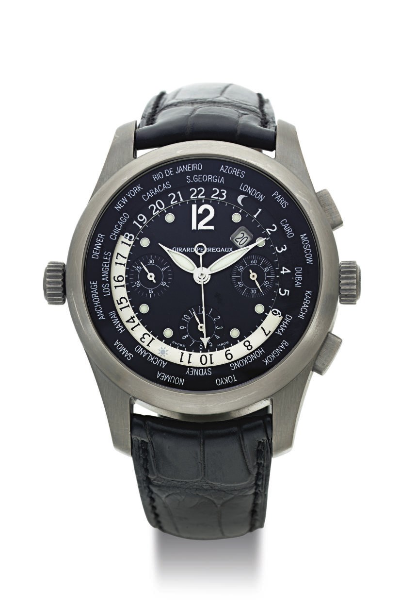 GIRARD-PERREGAUX. A LARGE TITANIUM AUTOMATIC WORLD TIME CHRONOGRAPH WRISTWATCH WITH DATE