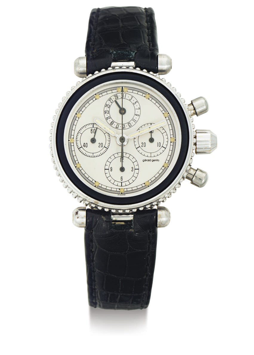 GERALD GENTA. AN 18K WHITE GOLD CHRONOGRAPH WRISTWATCH WITH DATE