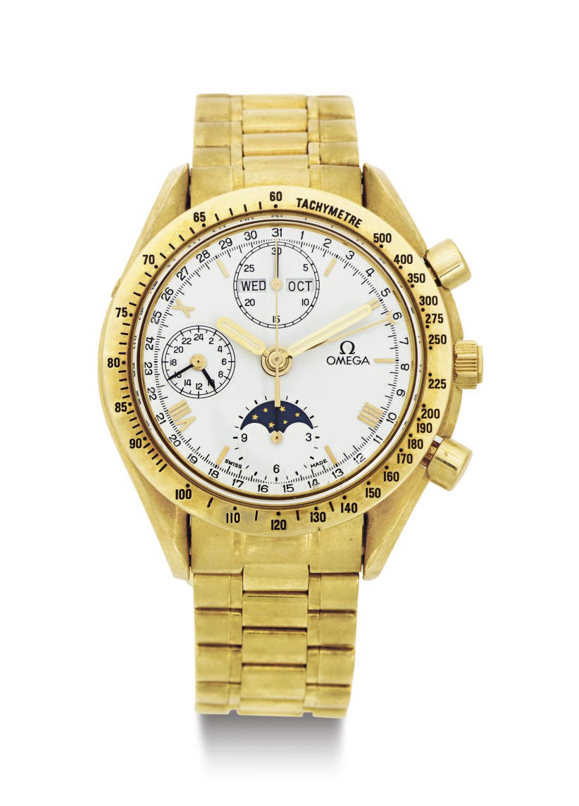 OMEGA. AN 18K GOLD AUTOMATIC TRIPLE CALENDAR CHRONOGRAPH WRISTWATCH WITH 24 HOURS, MOON PHASES AND BRACELET