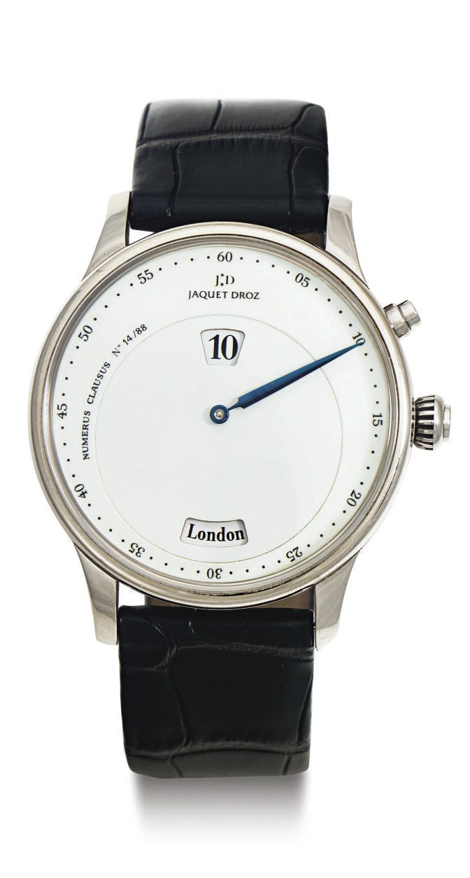 JAQUET DROZ. AN OVERSIZED LIMITED EDITION 18K WHITE GOLD AUTOMATIC JUMP HOUR WORLD TIME WRISTWATCH WITH REGULATOR DIAL