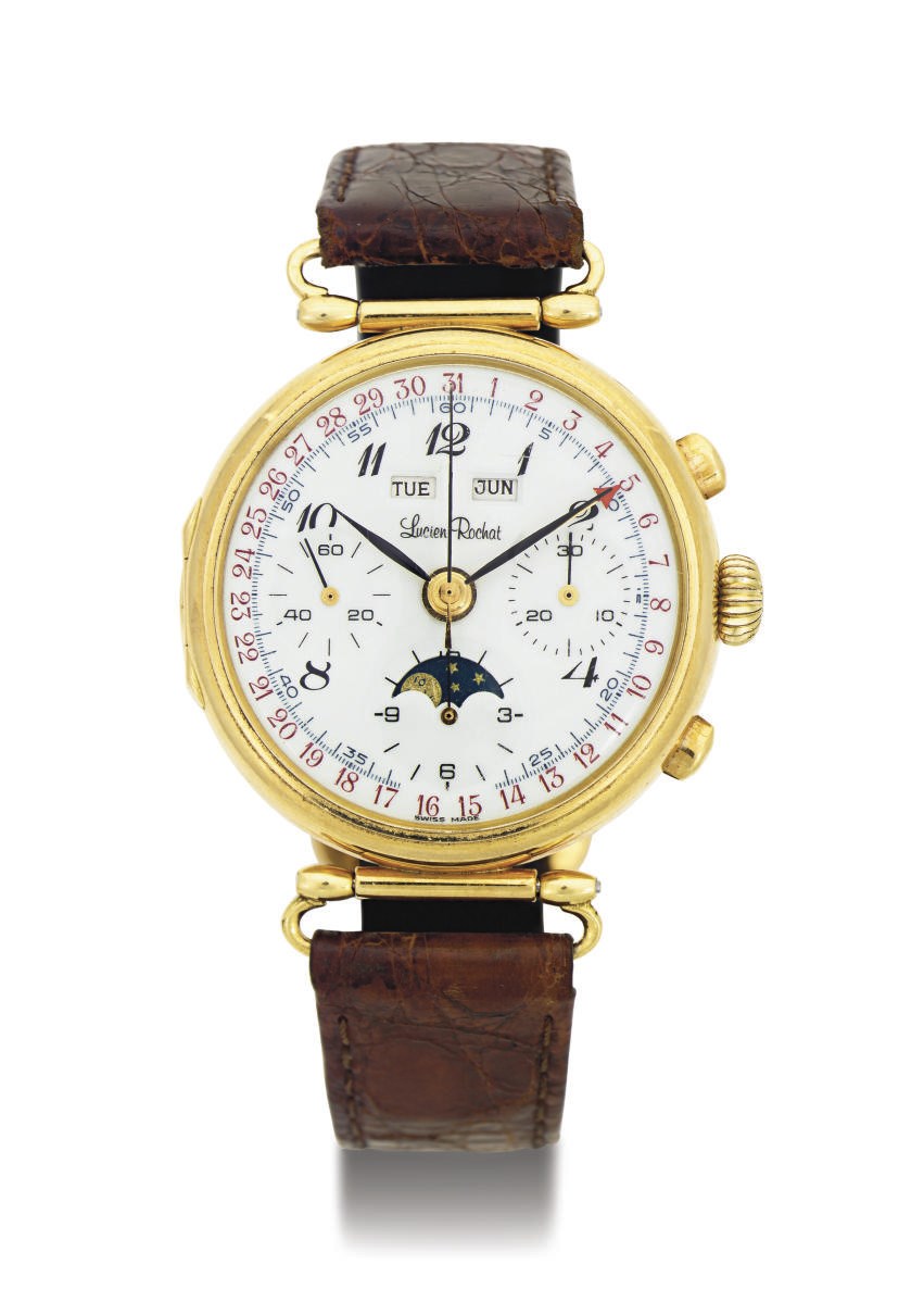 LUCIEN ROCHAT.  AN 18K GOLD TRIPLE CALENDAR CHRONOGRAPH WRISTWATCH WITH MOON PHASES