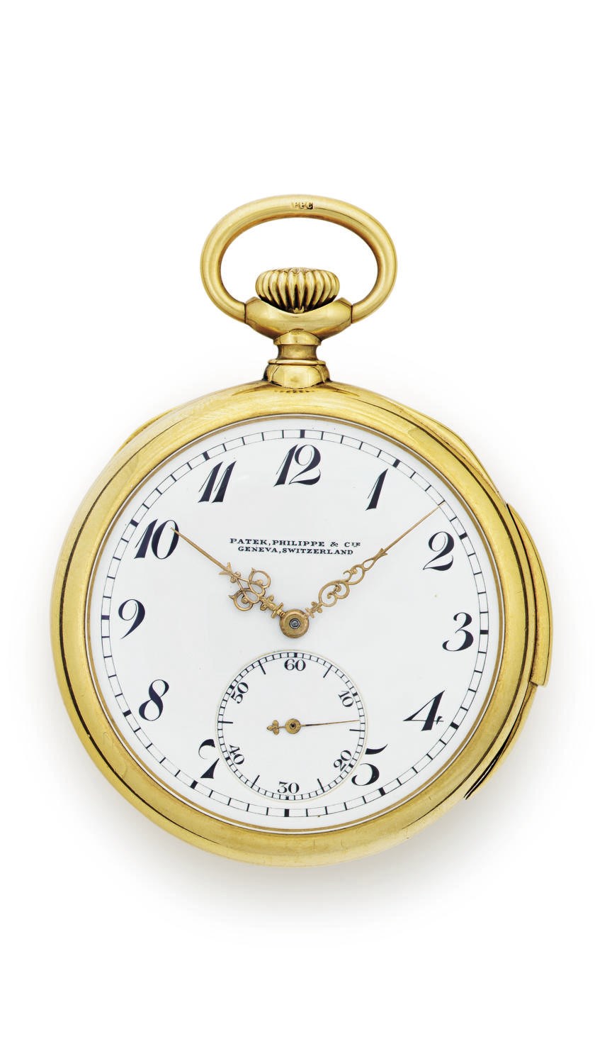 PATEK PHILIPPE.  AN 18K GOLD MINUTE REPEATING OPENFACE KEYLESS LEVER POCKET WATCH