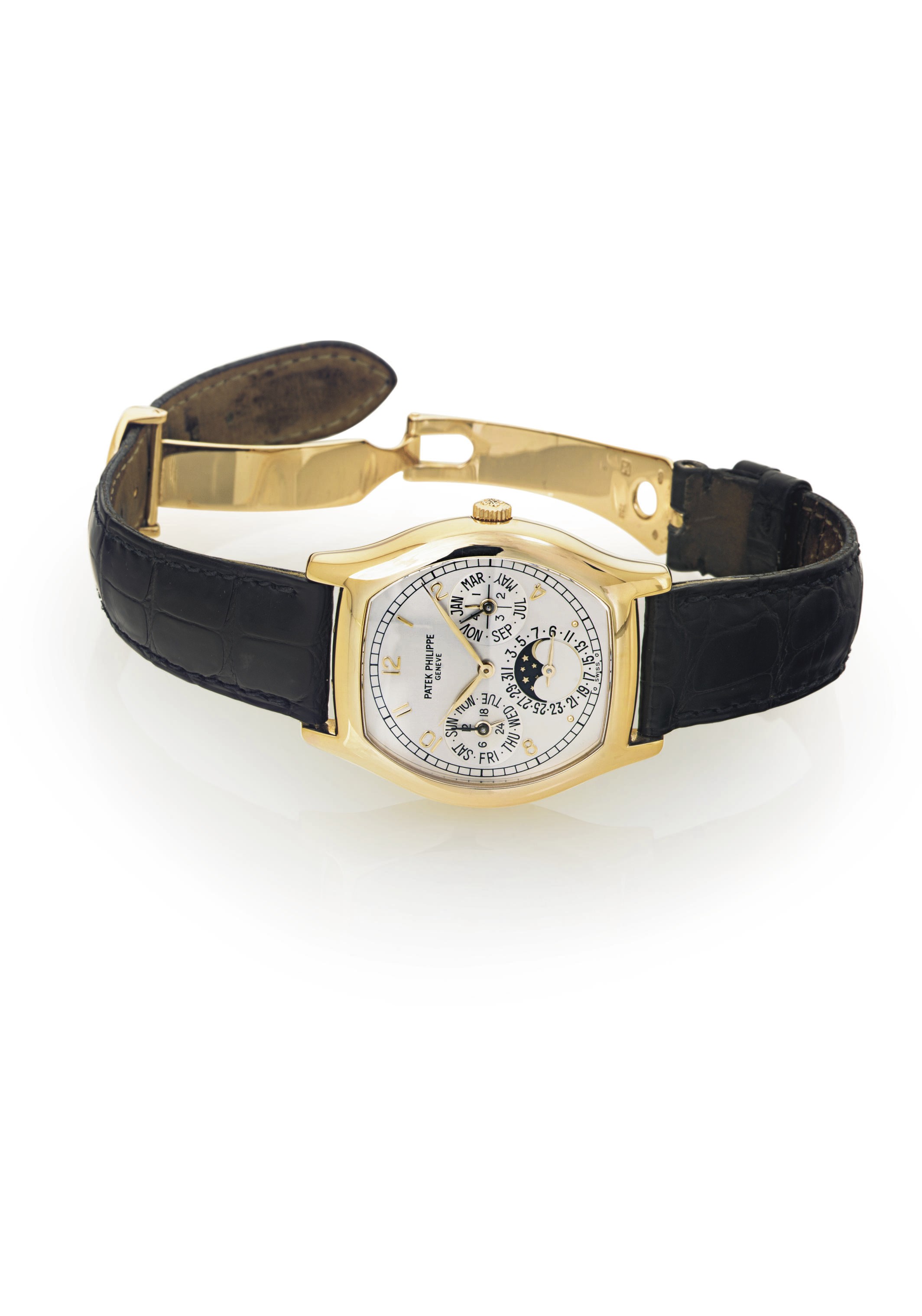 PATEK PHILIPPE. A FINE 18K PINK GOLD AUTOMATIC PERPETUAL CALENDAR WRISTWATCH WITH MOON PHASES