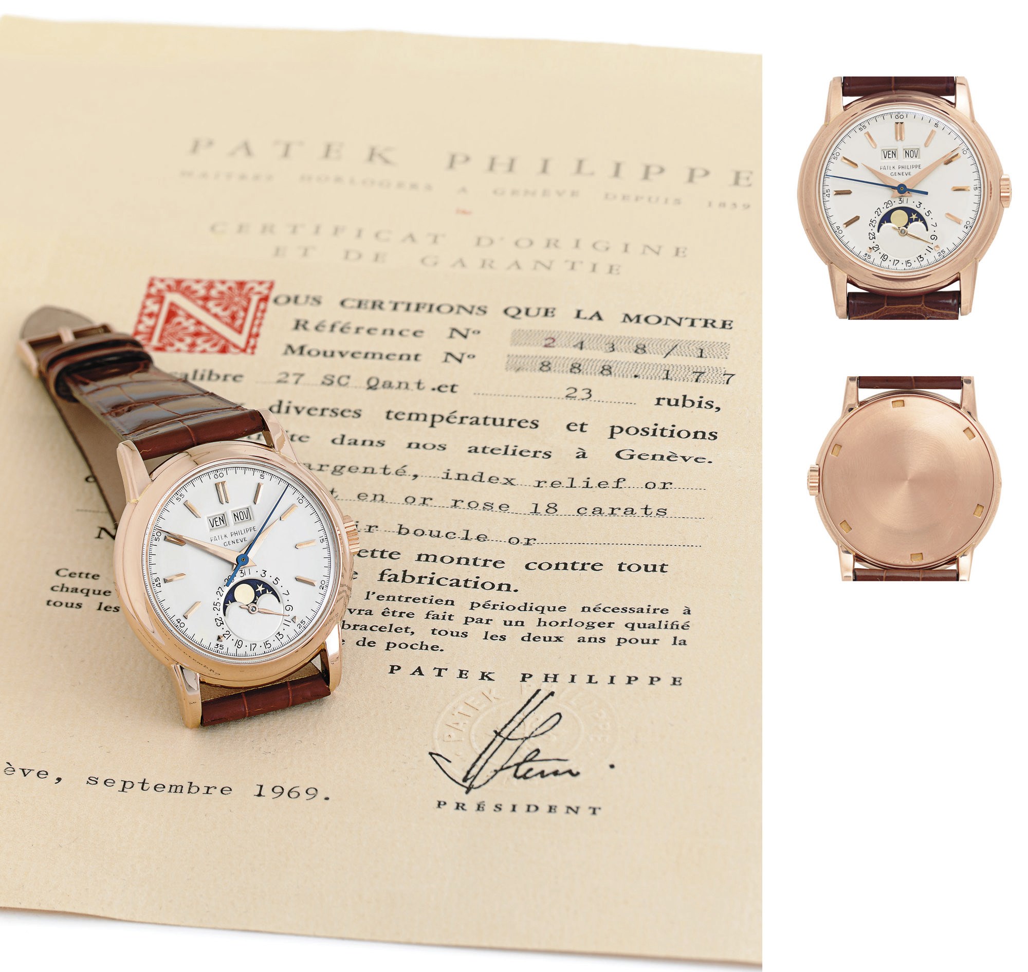 PATEK PHILIPPE.  A FINE, RARE AND IMPORTANT 18K PINK GOLD PERPETUAL CALENDAR WRISTWATCH WITH CENTER SECONDS, MOON PHASES AND ORIGINAL CERTIFICATE