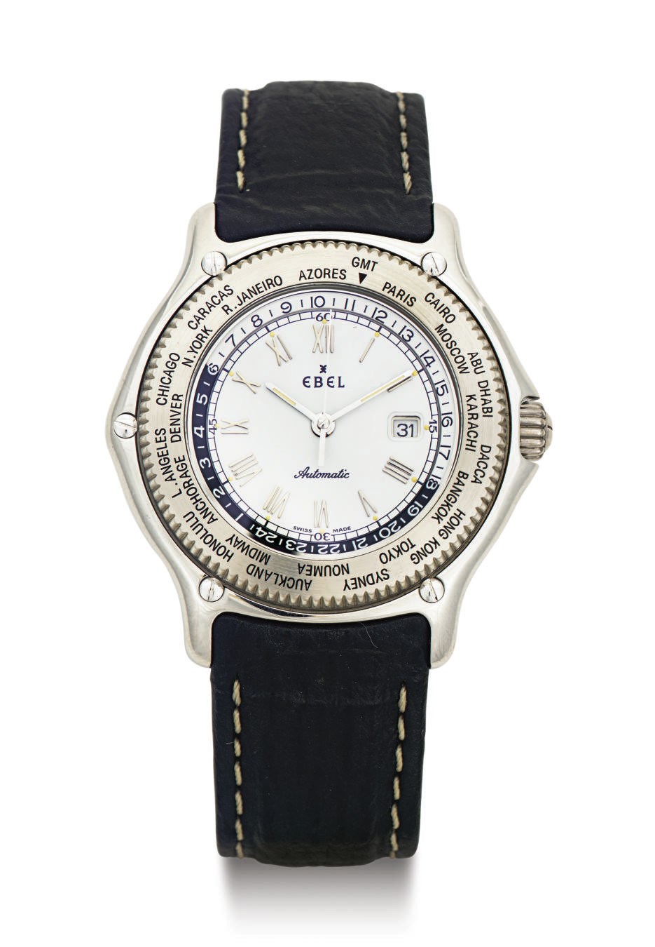EBEL. A FINE PLATINUM AUTOMATIC WORLD TIME WRISTWATCH WITH CENTER SECONDS, DATE AND 24 HOURS