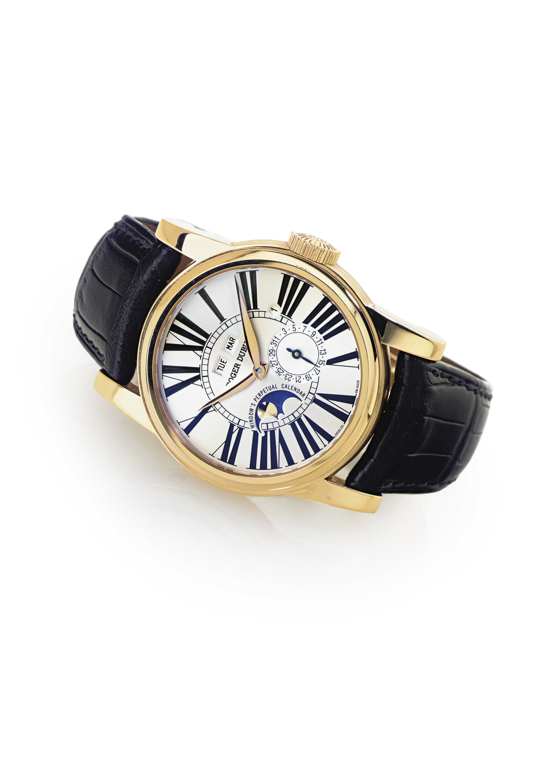 ROGER DUBUIS. A FINE AND RARE OVERSIZED LIMITED EDITION 18K PINK GOLD AUTOMATIC PERPETUAL CALENDAR WRISTWATCH WITH MOON PHASES