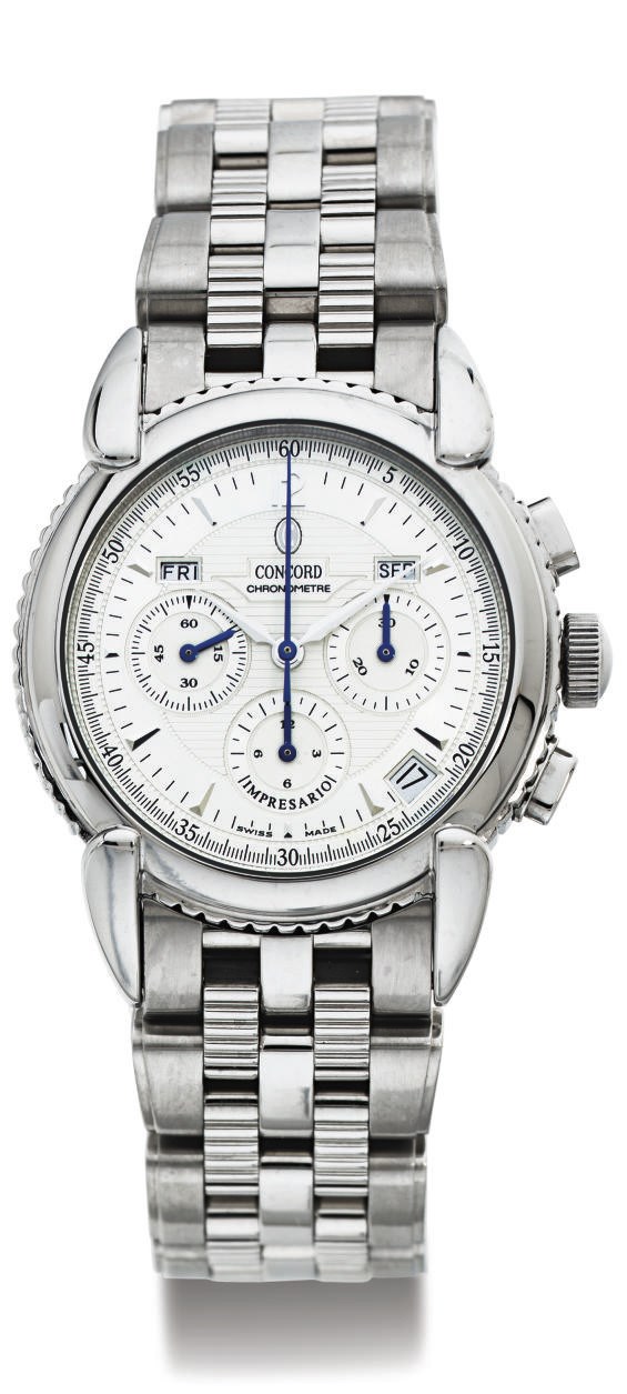 CONCORD. A STAINLESS STEEL AUTOMATIC TRIPLE CALENDAR CHRONOGRAPH WRISTWATCH WITH BRACELET