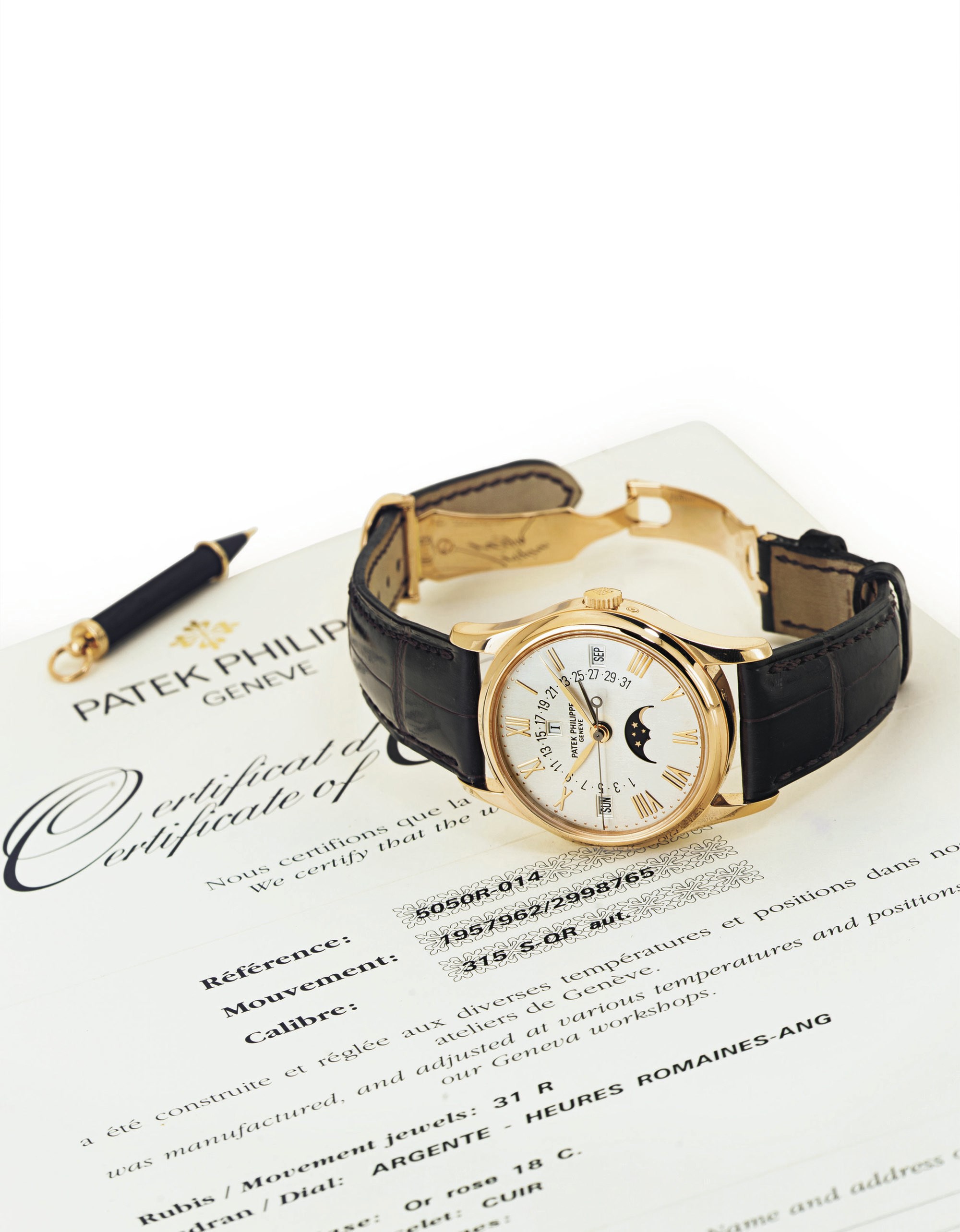 PATEK PHILIPPE.  A FINE AND RARE 18K PINK GOLD AUTOMATIC PERPETUAL CALENDAR WRISTWATCH WITH RETROGRADE DATE, CENTER SECONDS AND MOON PHASES