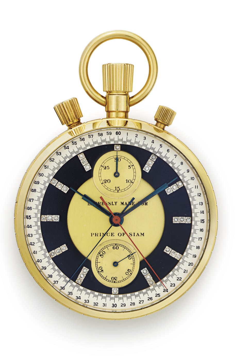 OMEGA. AN OVERSIZED 18K GOLD AND DIAMOND OPENFACE SPLIT-SECONDS CHRONOGRAPH KEYLESS LEVER POCKET WATCH
