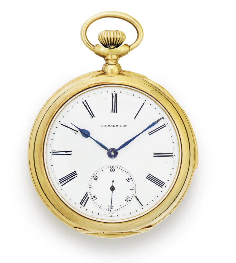 TIFFANY. AN 18K GOLD OPENFACE FIVE MINUTE REPEATING KEYLESS LEVER POCKET WATCH