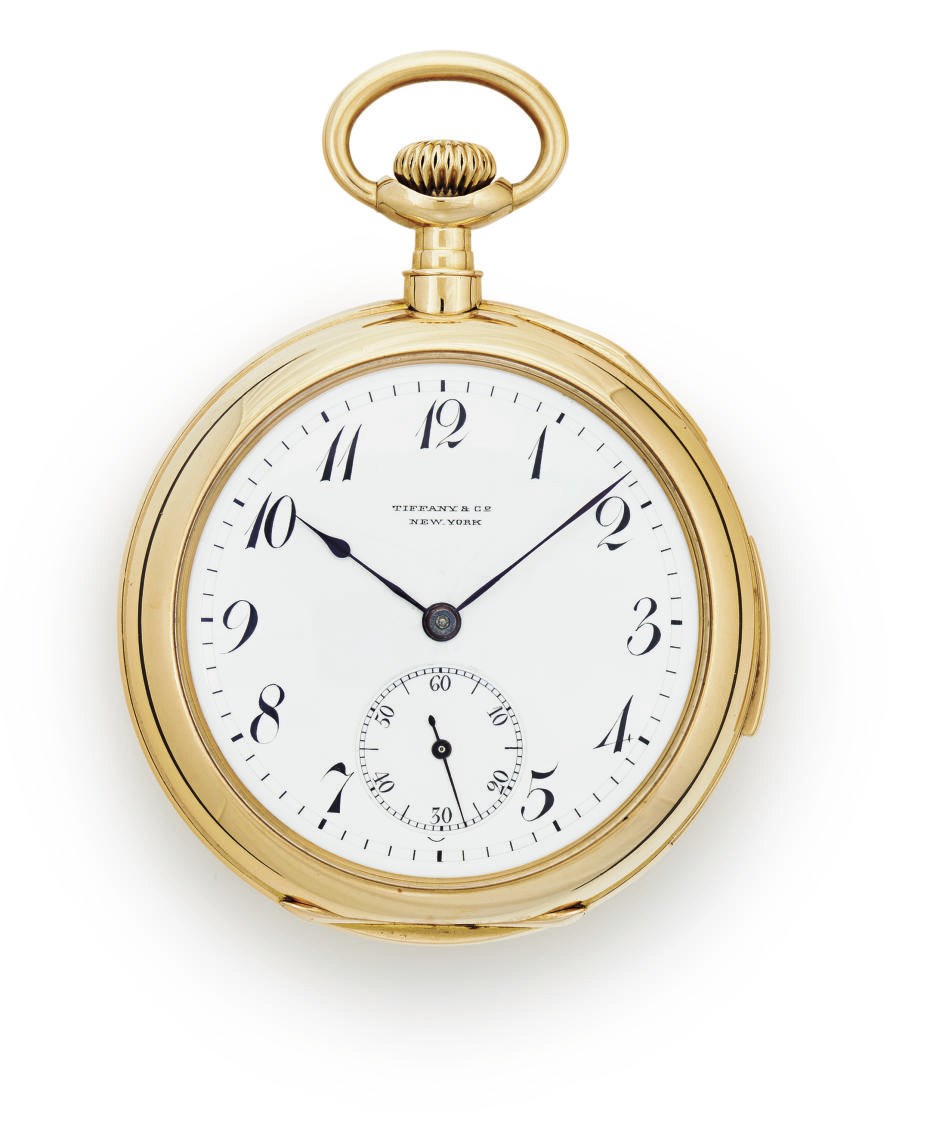 TIFFANY. AN 18K PINK GOLD OPENFACE FIVE-MINUTE REPEATING KEYLESS LEVER POCKET WATCH