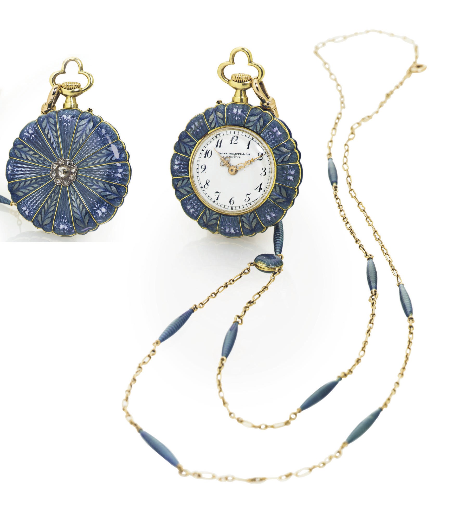 PATEK PHILIPPE. A LADY'S FINE 18K GOLD, DIAMOND AND ENAMEL KEYLESS LEVER PENDANT WATCH